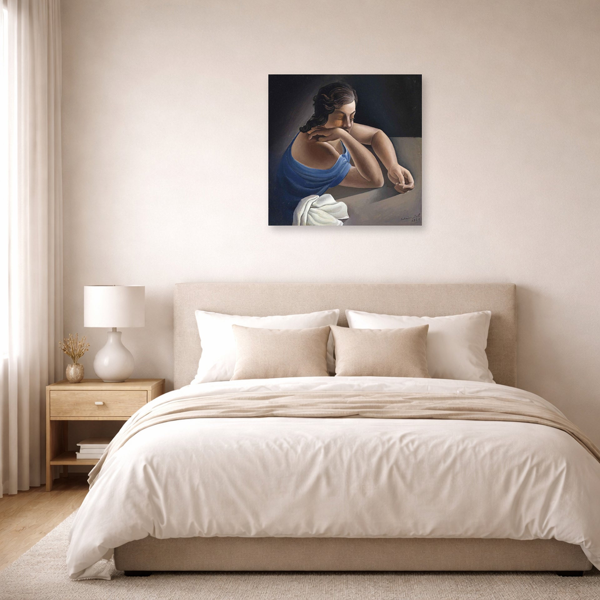 Unframed poster print of Salvador Dali's Figure in a Table displayed on a wall in a bedroom