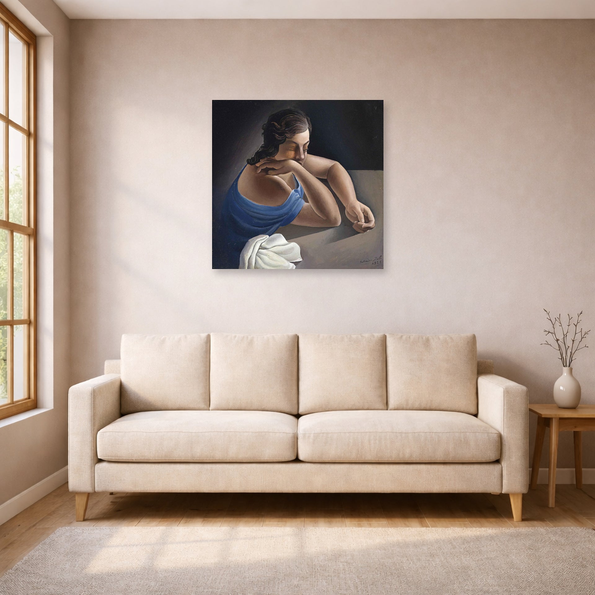 Unframed poster print of Salvador Dali's Figure in a Table displayed on a wall in a living room