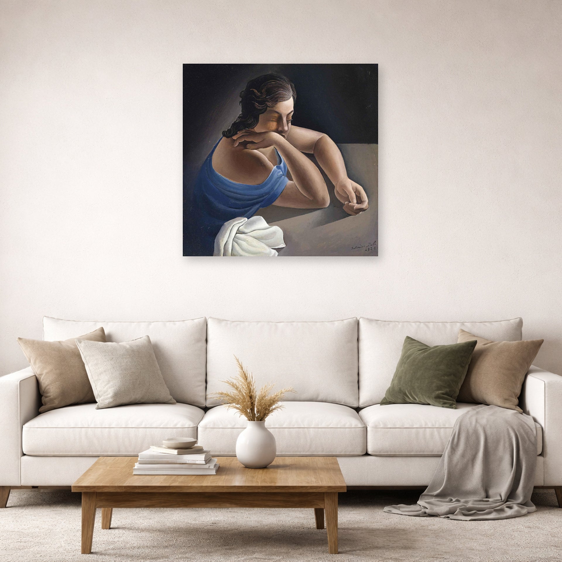 Unframed poster print of Salvador Dali's Figure in a Table displayed on a wall in a living room