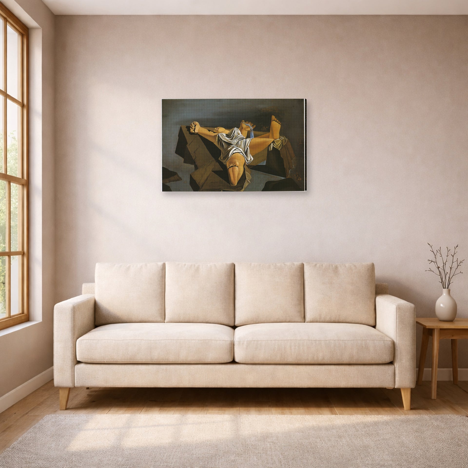 Gallery-wrapped canvas print of Salvador Dali's Figure on the Rocks displayed on a wall in a living room