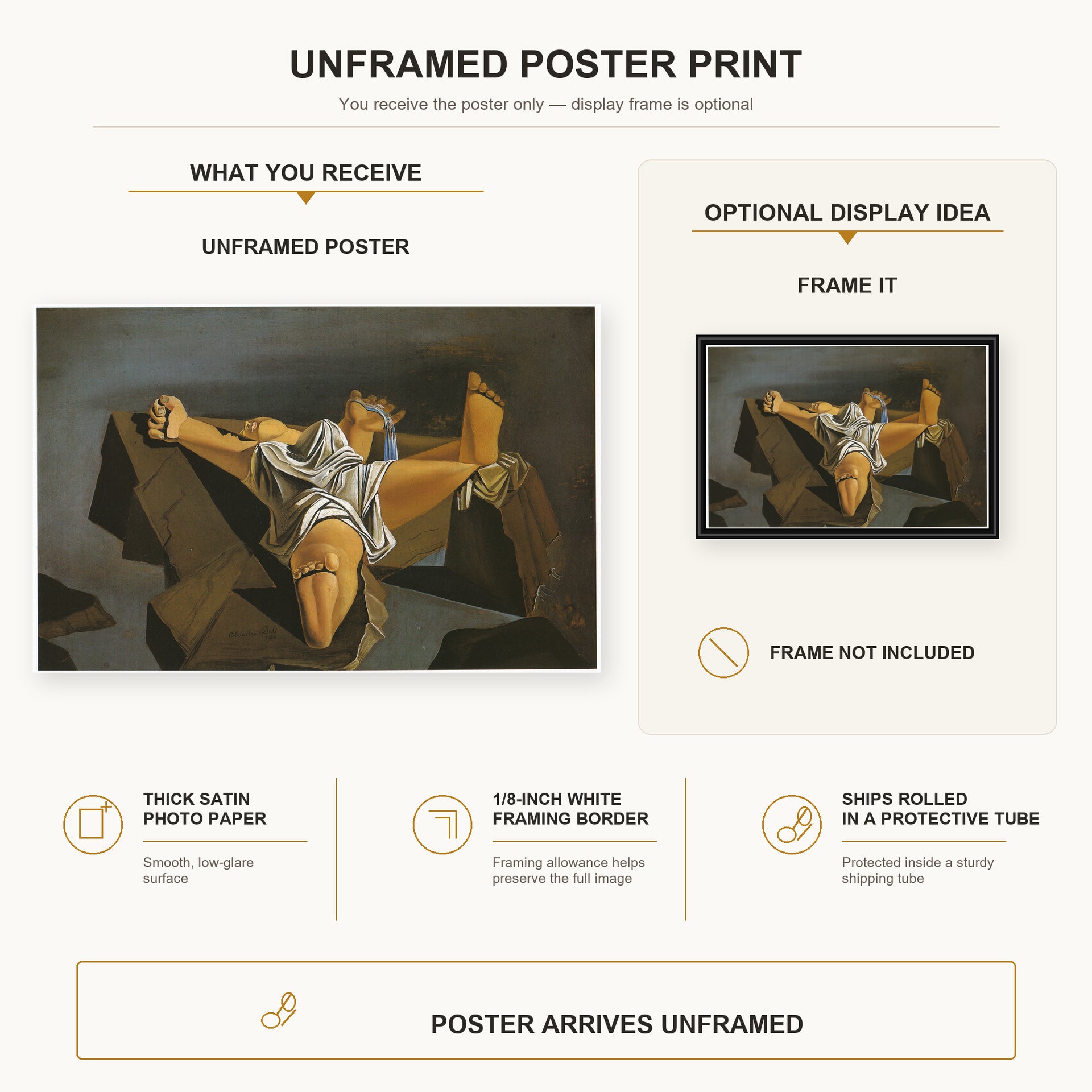Salvador Dali - Figure on the Rocks poster print size comparison and framing display infographic
