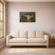 Unframed poster print of Salvador Dali's Figure on the Rocks displayed on a wall in a living room