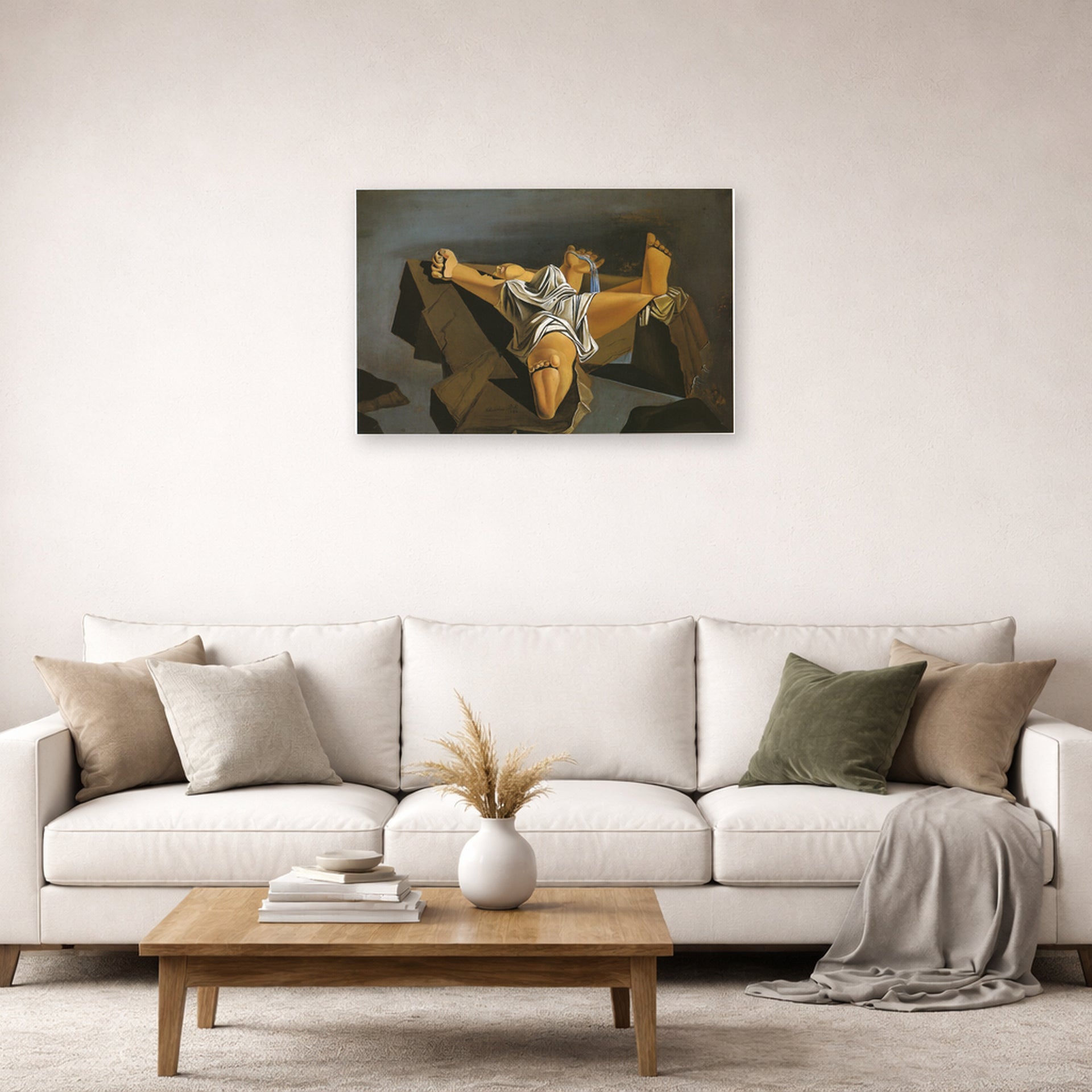Unframed poster print of Salvador Dali's Figure on the Rocks displayed on a wall in a living room