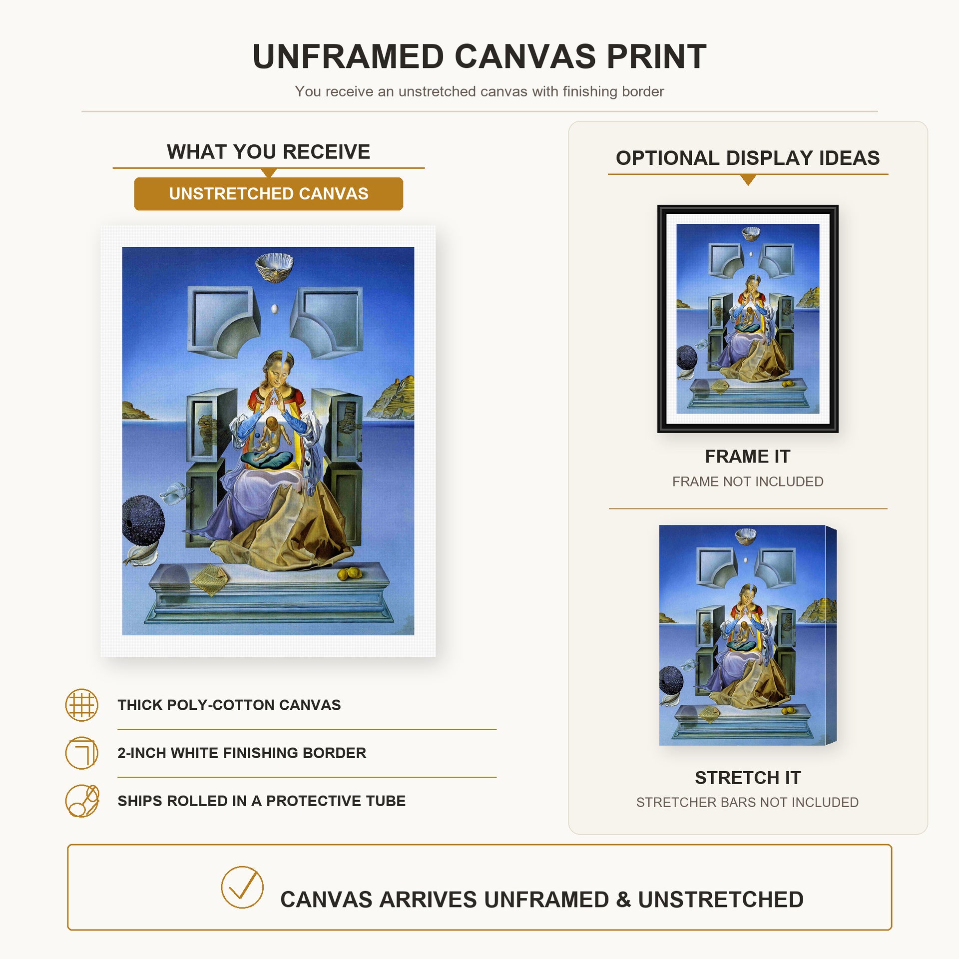Salvador Dali - Gala, his wife, as Madona canvas print size comparison and framing display infographic