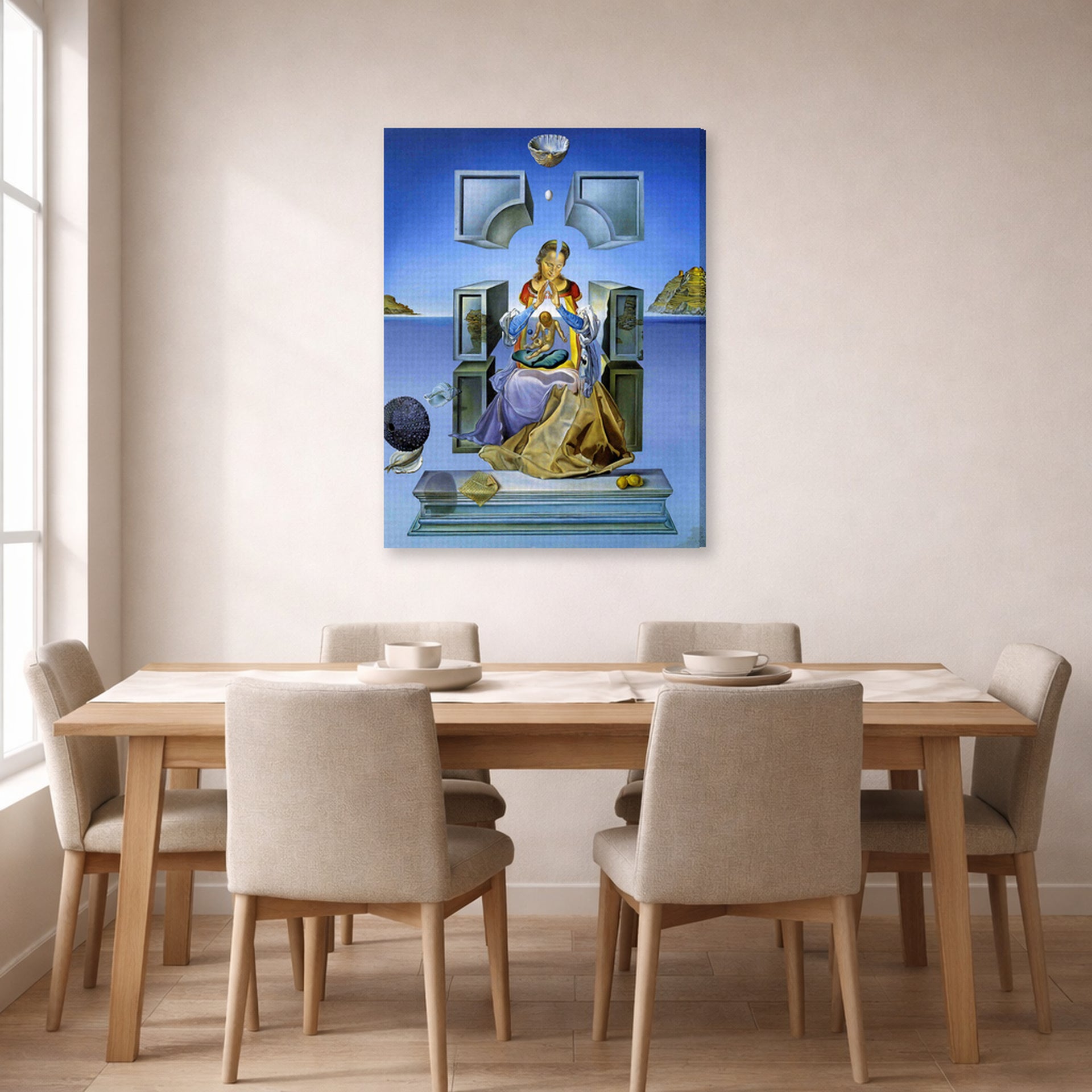 Gallery-wrapped canvas print of Salvador Dali's Gala, his wife, as Madona displayed on a wall in a dining room