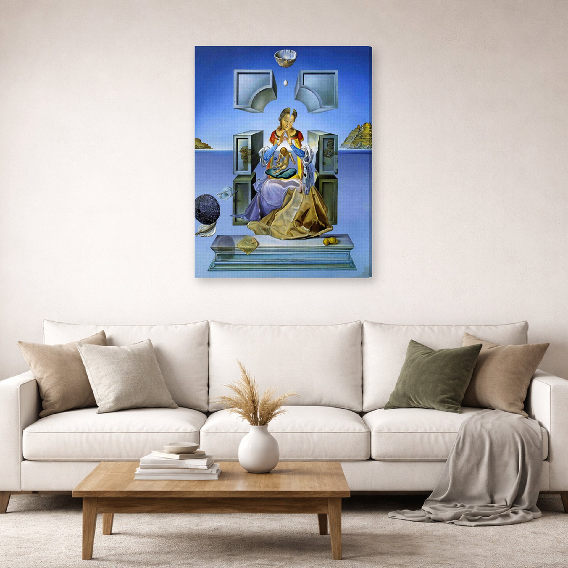 Gallery-wrapped canvas print of Salvador Dali's Gala, his wife, as Madona displayed on a wall in a living room