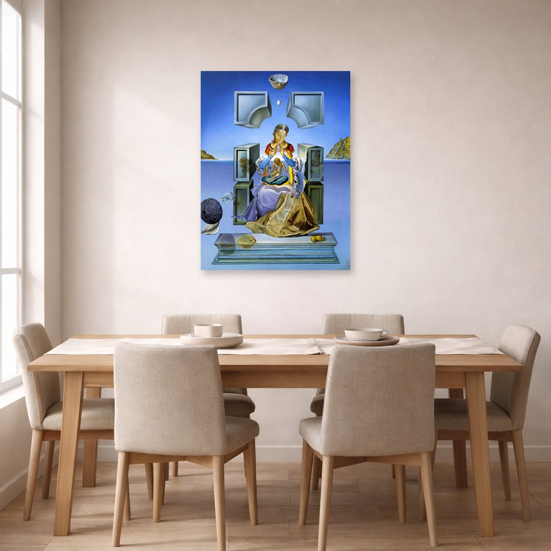 Unframed poster print of Salvador Dali's Gala, his wife, as Madona displayed on a wall in a dining room