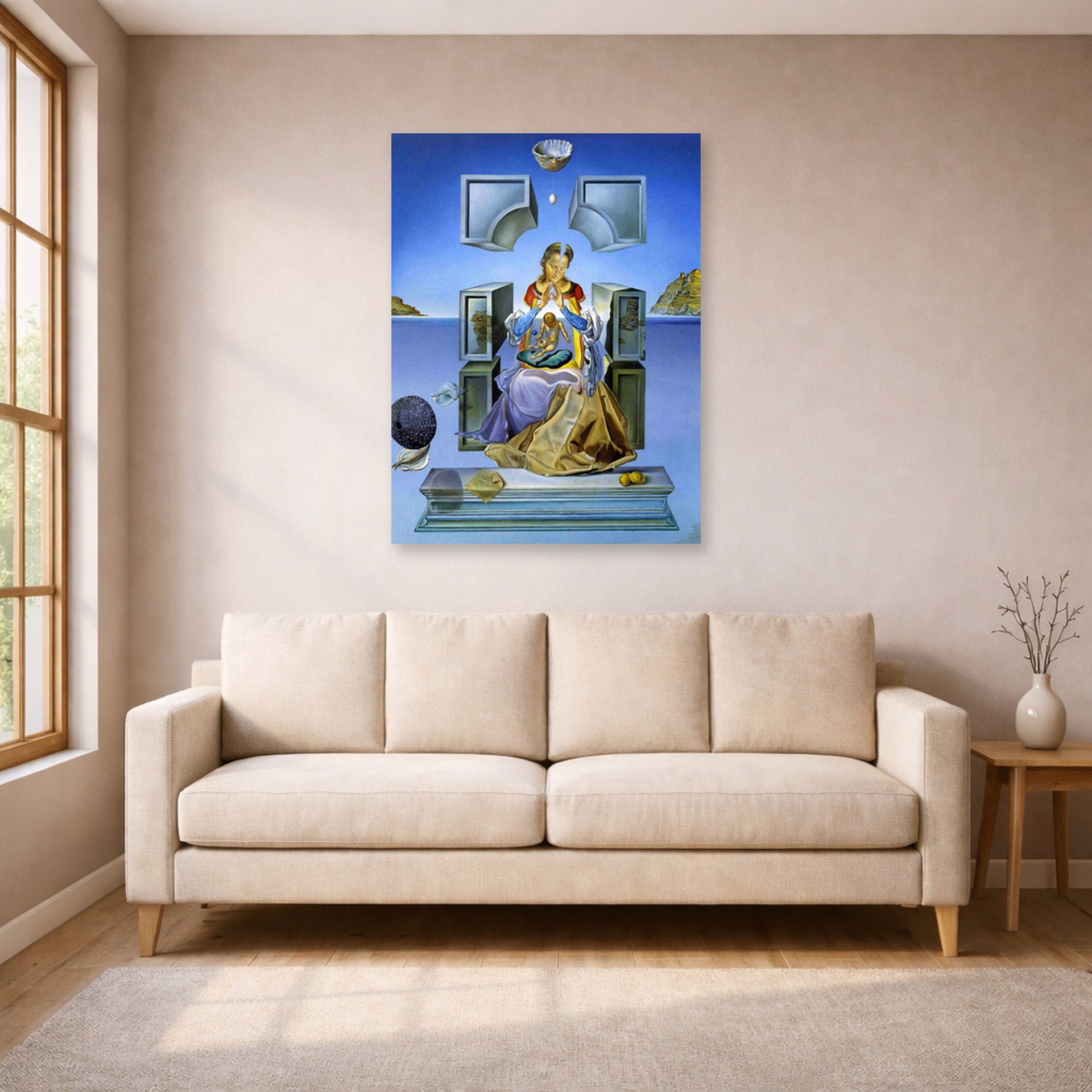 Unframed poster print of Salvador Dali's Gala, his wife, as Madona displayed on a wall in a living room