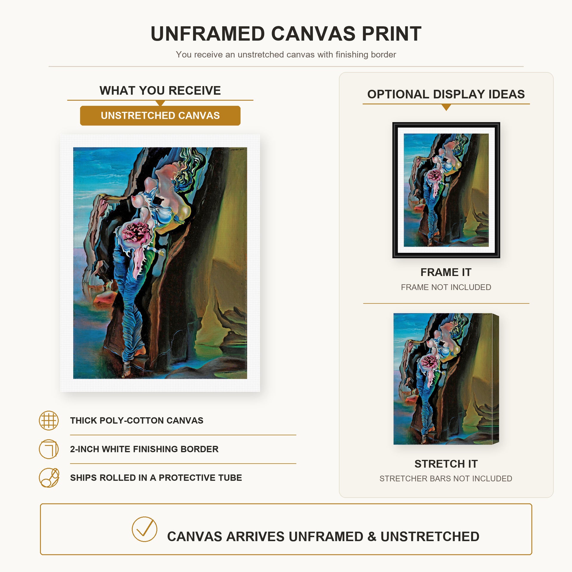 Salvador Dali - Gradiva canvas print size comparison and framing display infographic