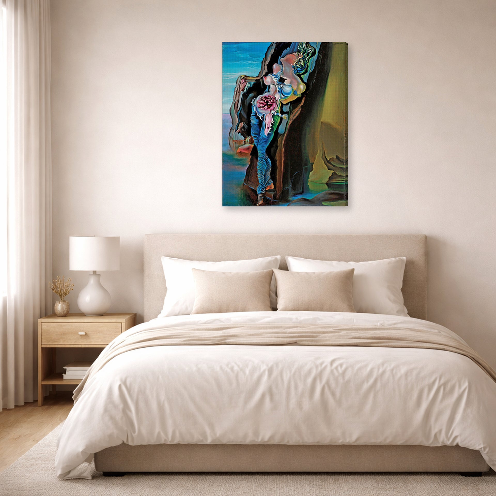 Gallery-wrapped canvas print of Salvador Dali's Gradiva displayed on a wall in a bedroom
