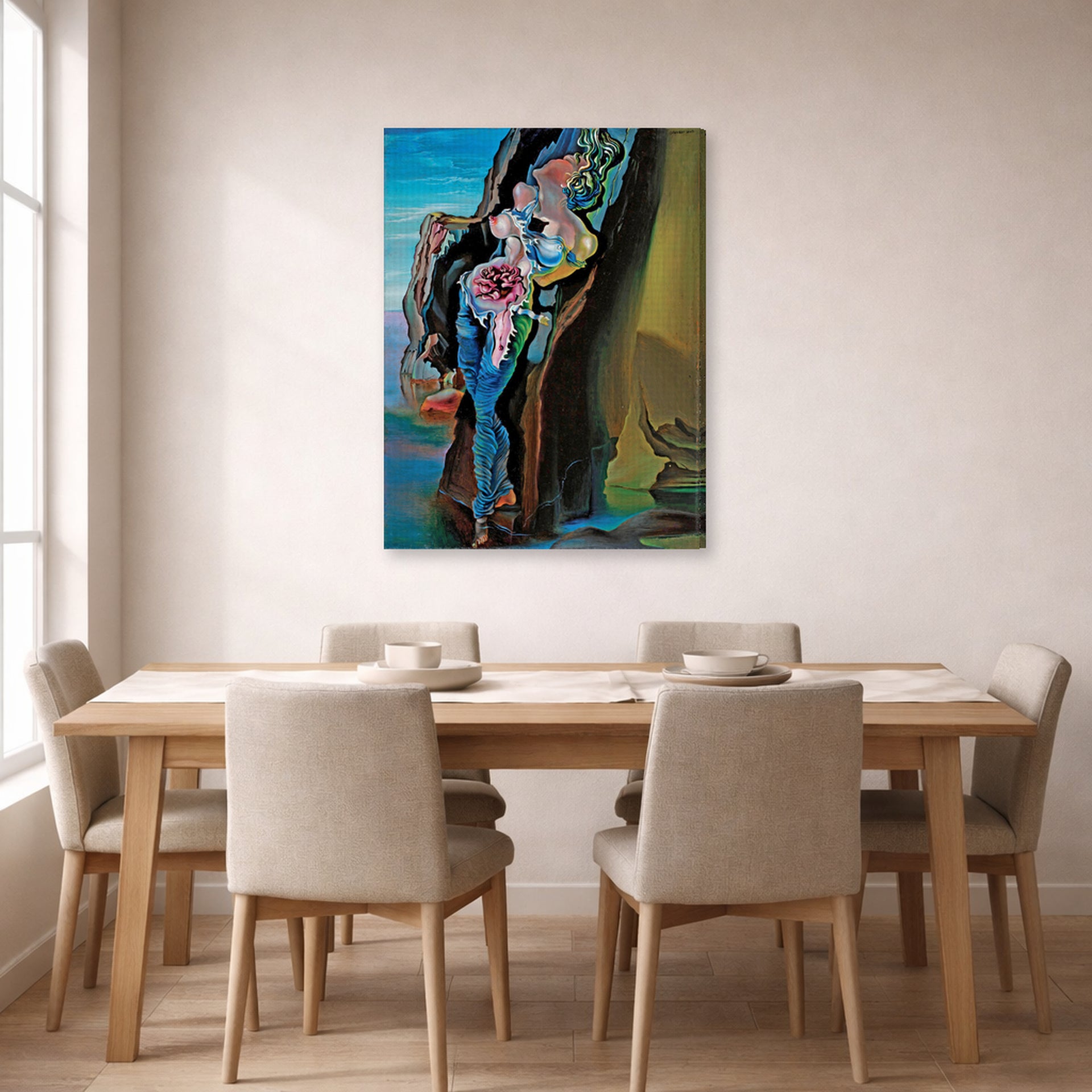 Gallery-wrapped canvas print of Salvador Dali's Gradiva displayed on a wall in a dining room