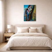 Unframed poster print of Salvador Dali's Gradiva displayed on a wall in a bedroom