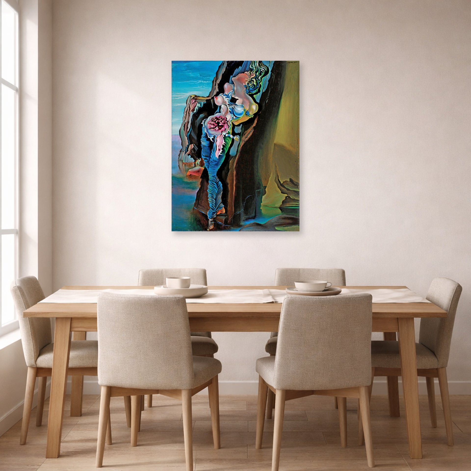 Unframed poster print of Salvador Dali's Gradiva displayed on a wall in a dining room