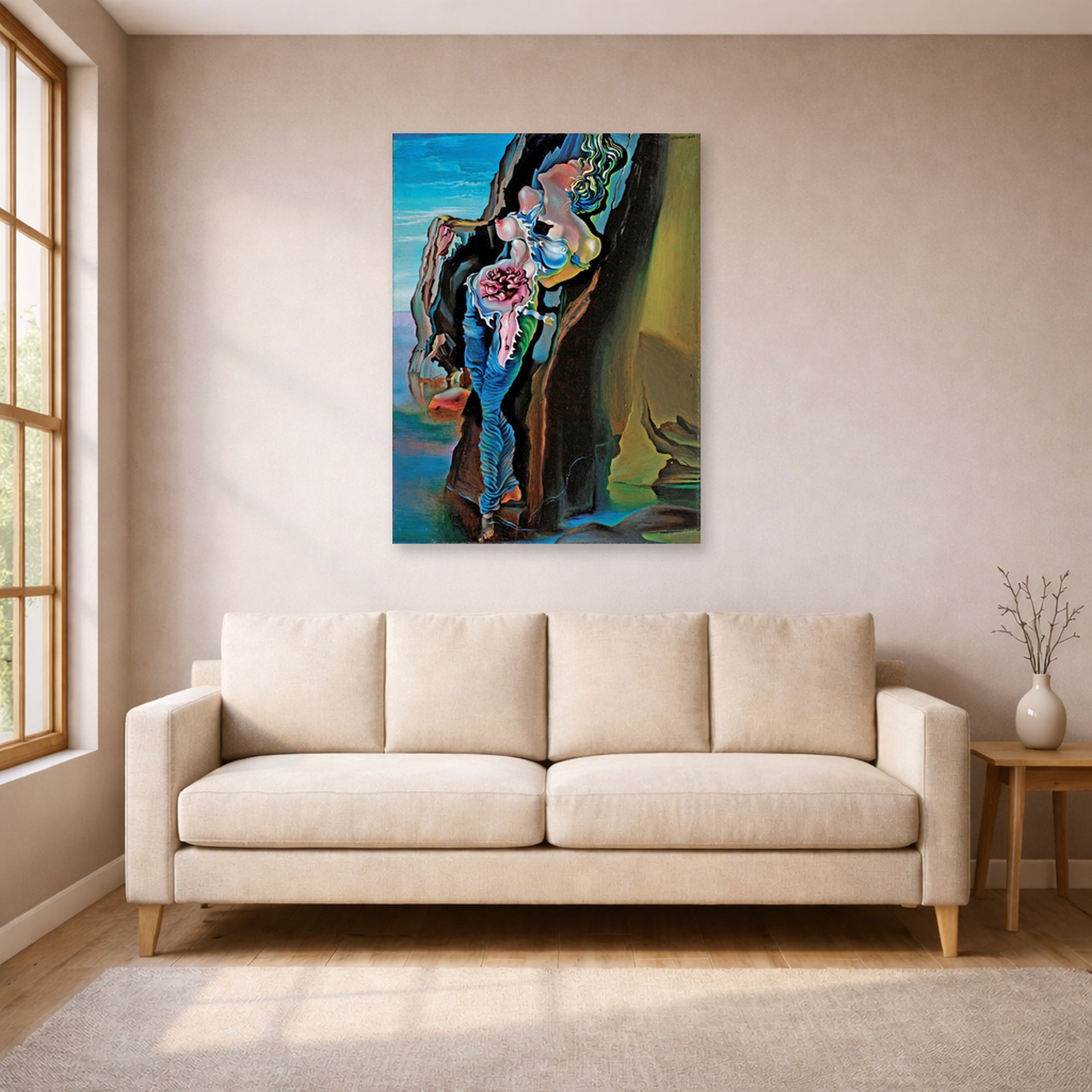 Unframed poster print of Salvador Dali's Gradiva displayed on a wall in a living room