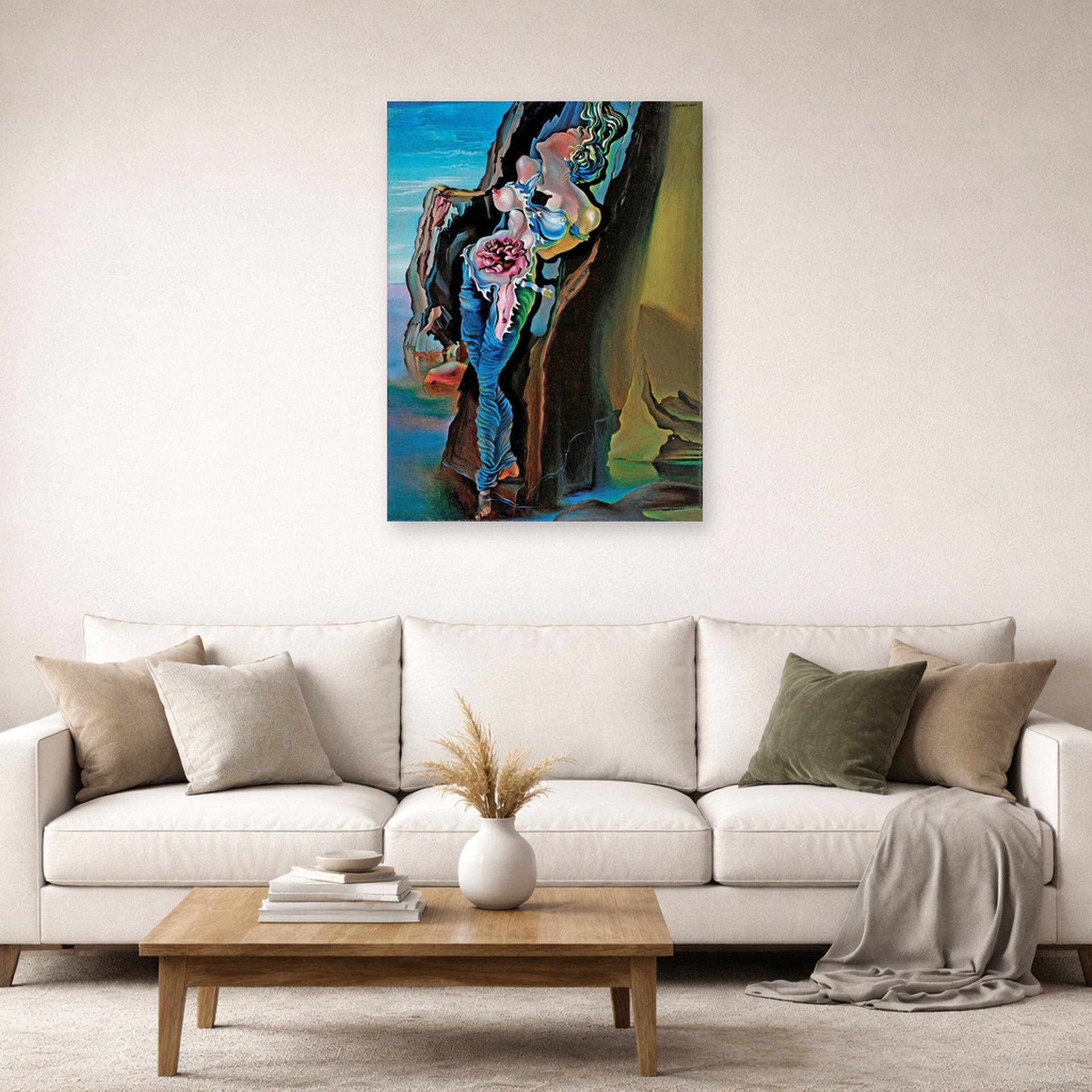 Unframed poster print of Salvador Dali's Gradiva displayed on a wall in a living room
