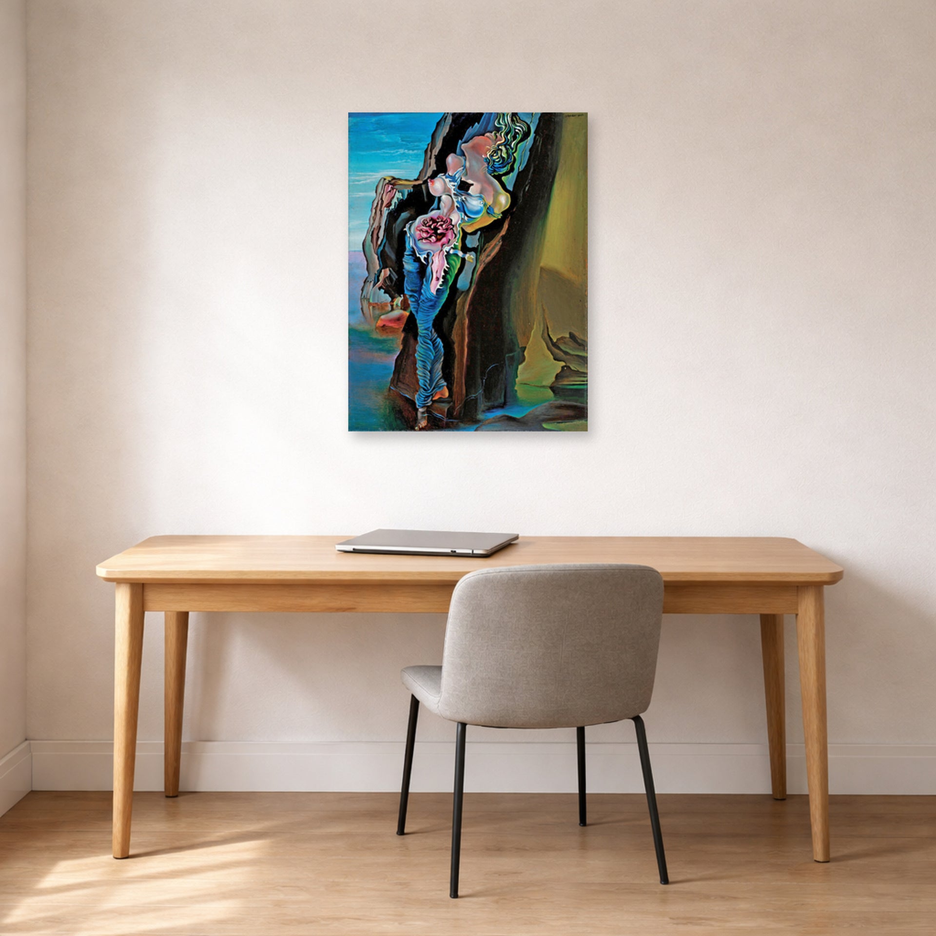 Unframed poster print of Salvador Dali's Gradiva displayed on a wall in a office