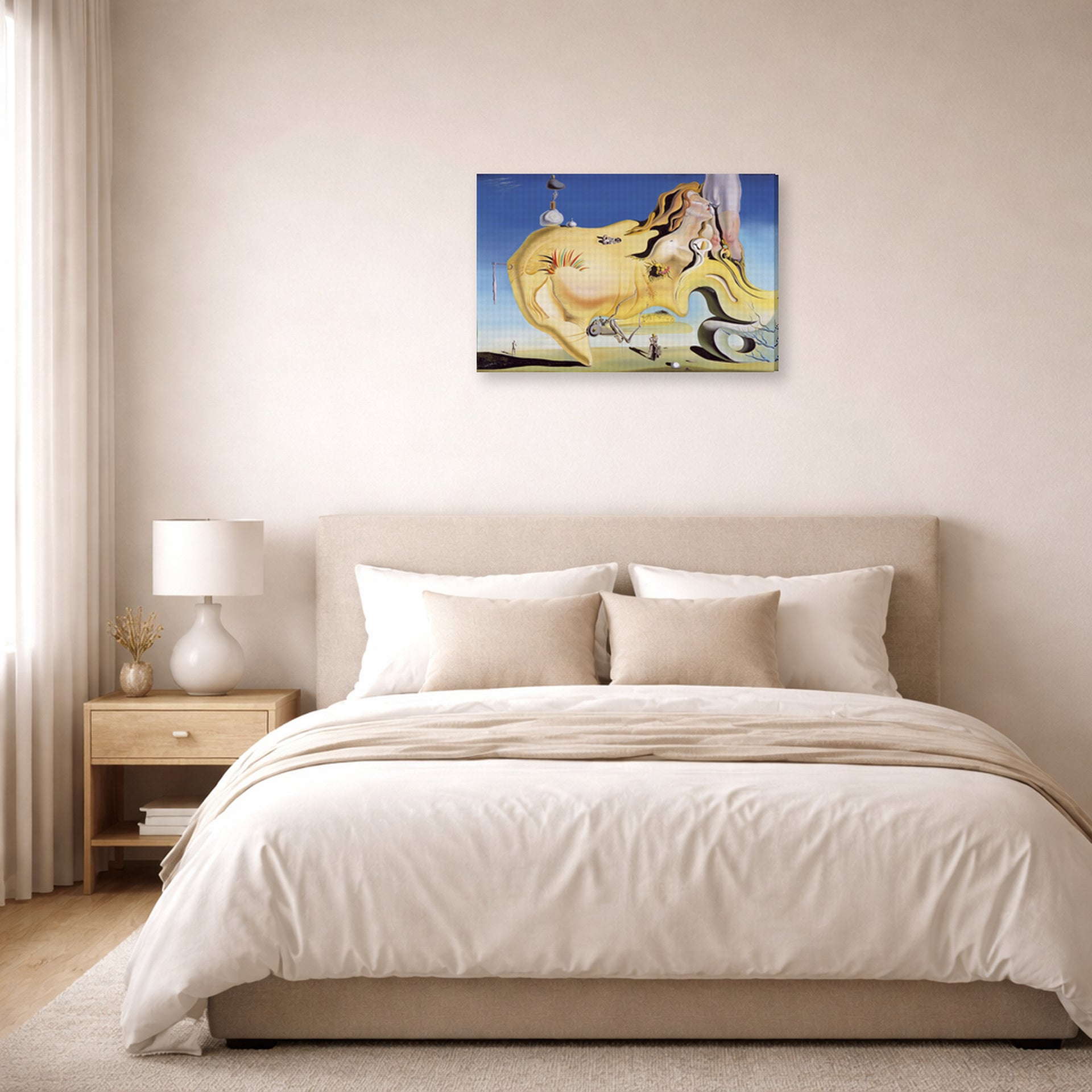 Gallery-wrapped canvas print of Salvador Dali's Great Masturbator displayed on a wall in a bedroom