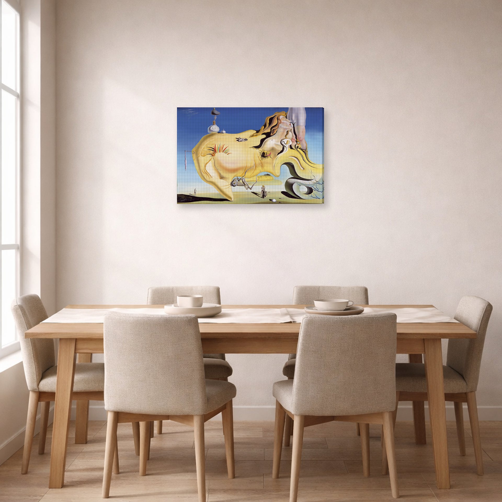 Gallery-wrapped canvas print of Salvador Dali's Great Masturbator displayed on a wall in a dining room