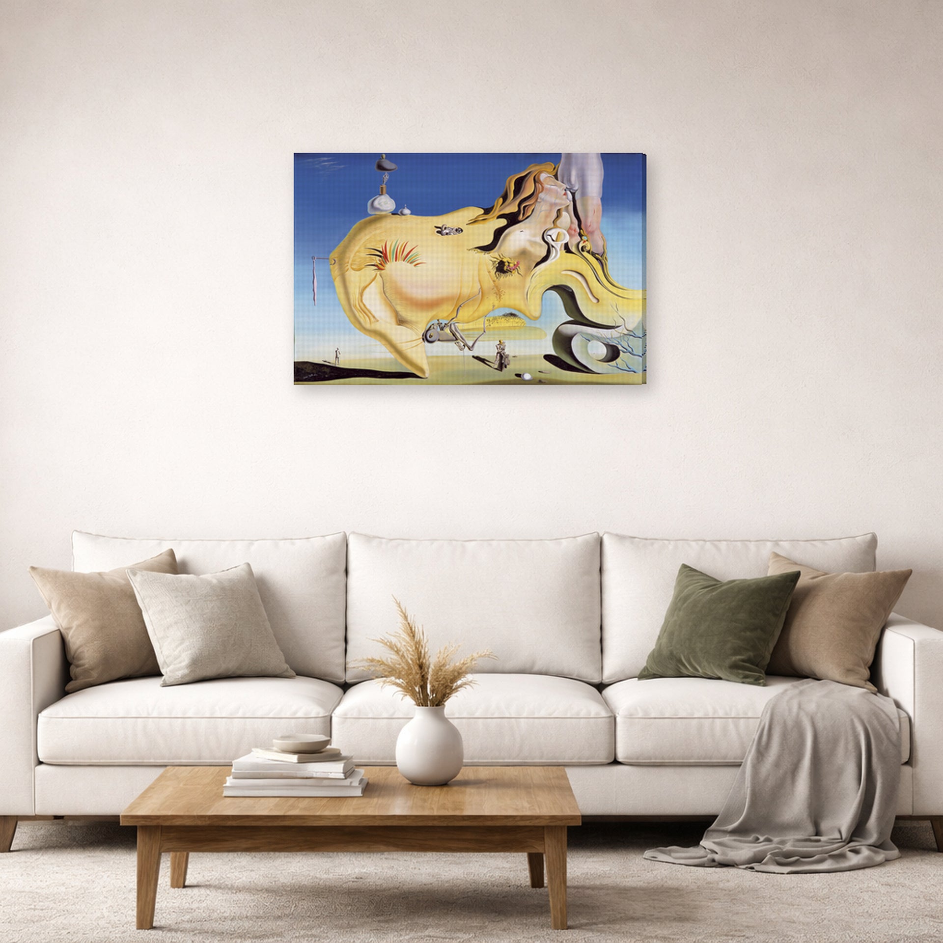Gallery-wrapped canvas print of Salvador Dali's Great Masturbator displayed on a wall in a living room