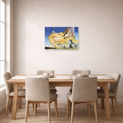 Unframed poster print of Salvador Dali's Great Masturbator displayed on a wall in a dining room