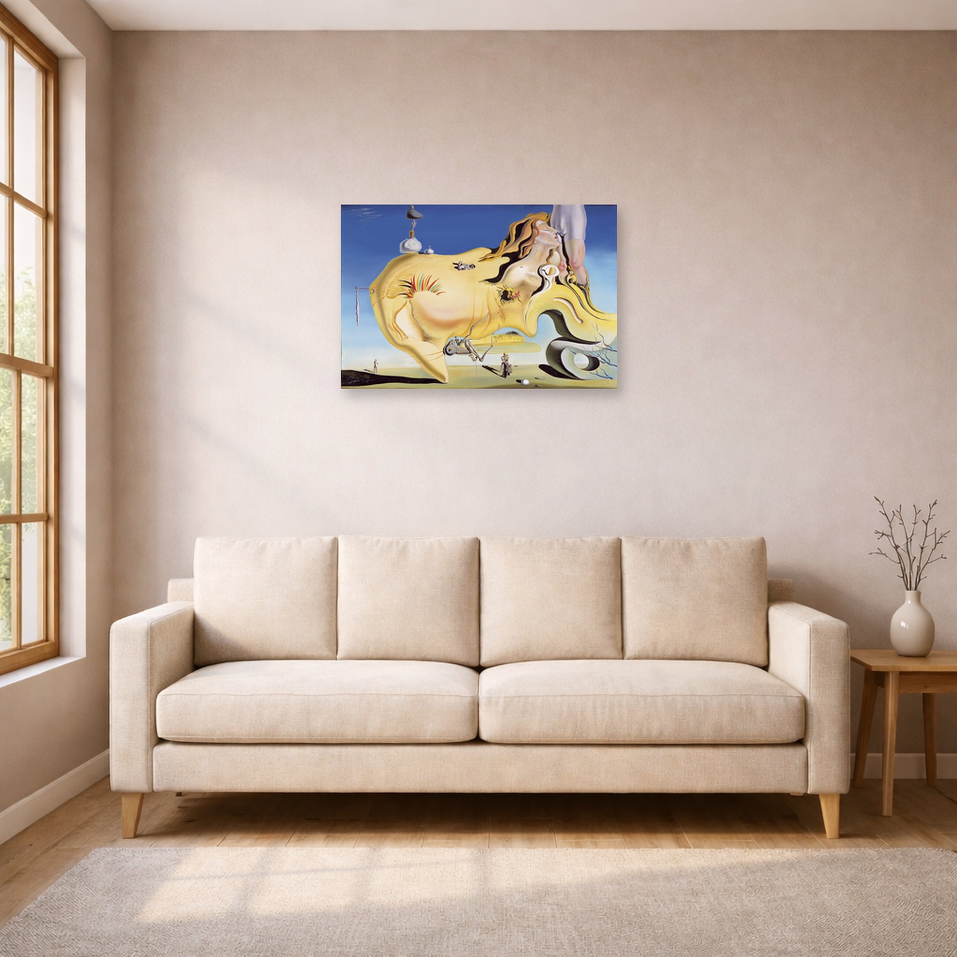 Unframed poster print of Salvador Dali's Great Masturbator displayed on a wall in a living room