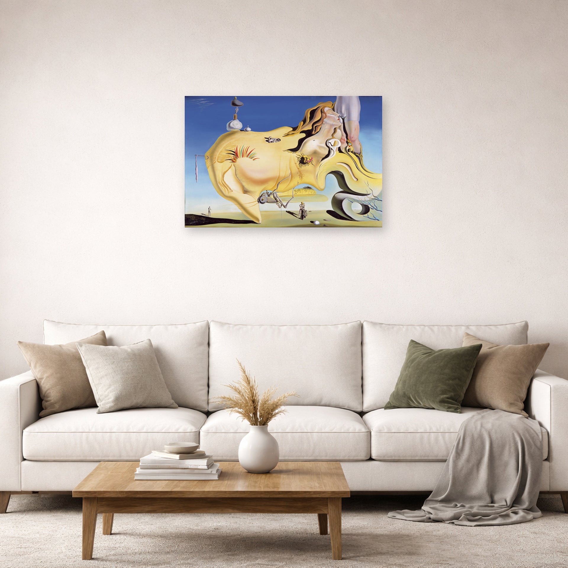 Unframed poster print of Salvador Dali's Great Masturbator displayed on a wall in a living room