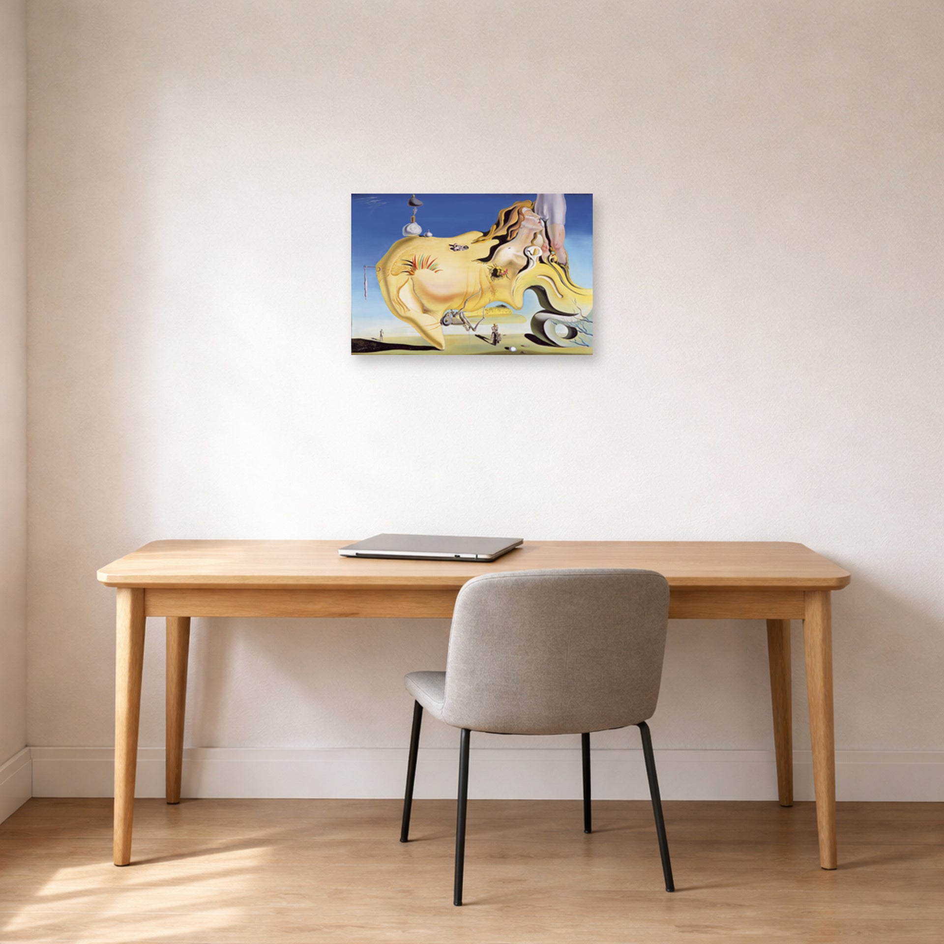 Unframed poster print of Salvador Dali's Great Masturbator displayed on a wall in a office