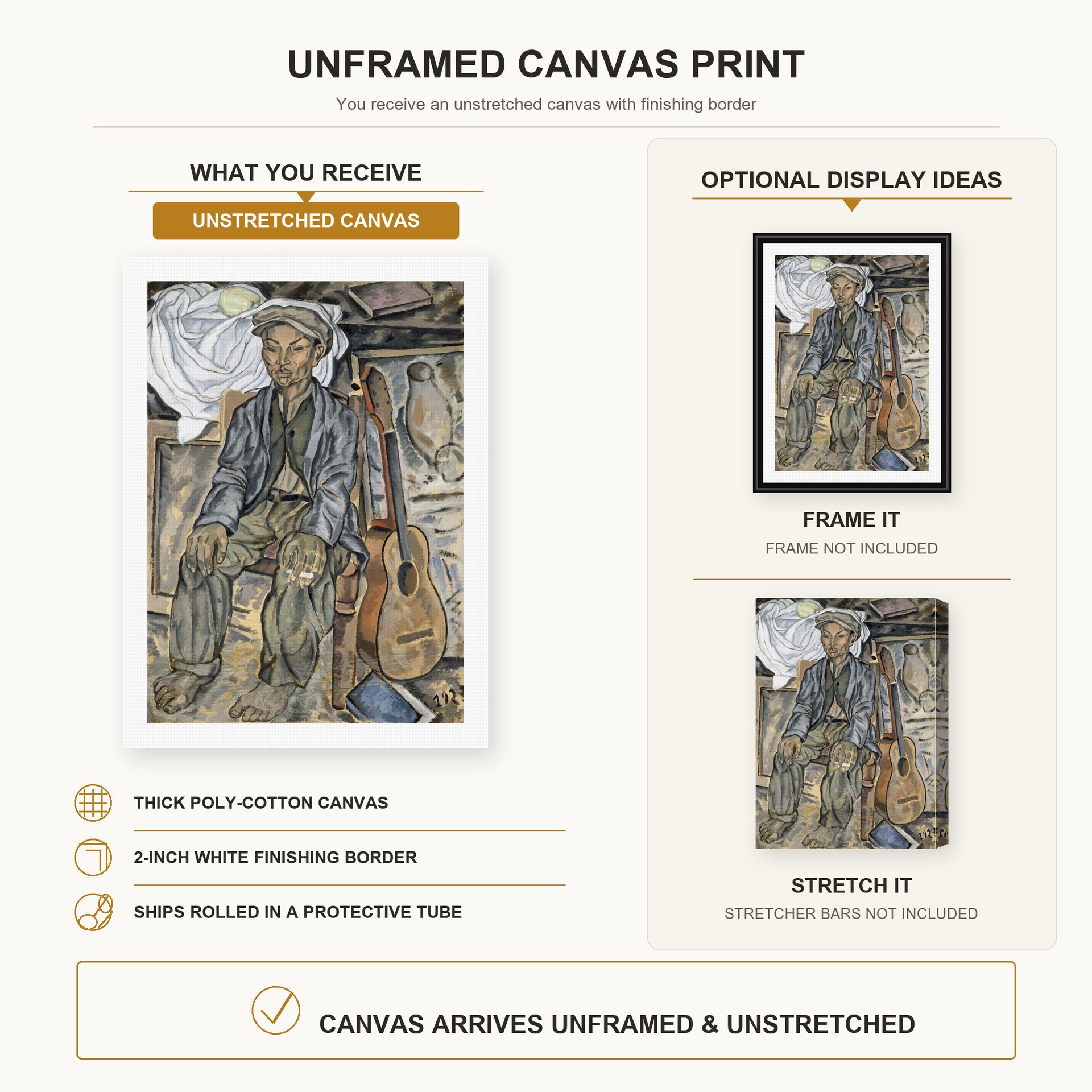 Salvador Dali - Gypsy From Figueres canvas print size comparison and framing display infographic