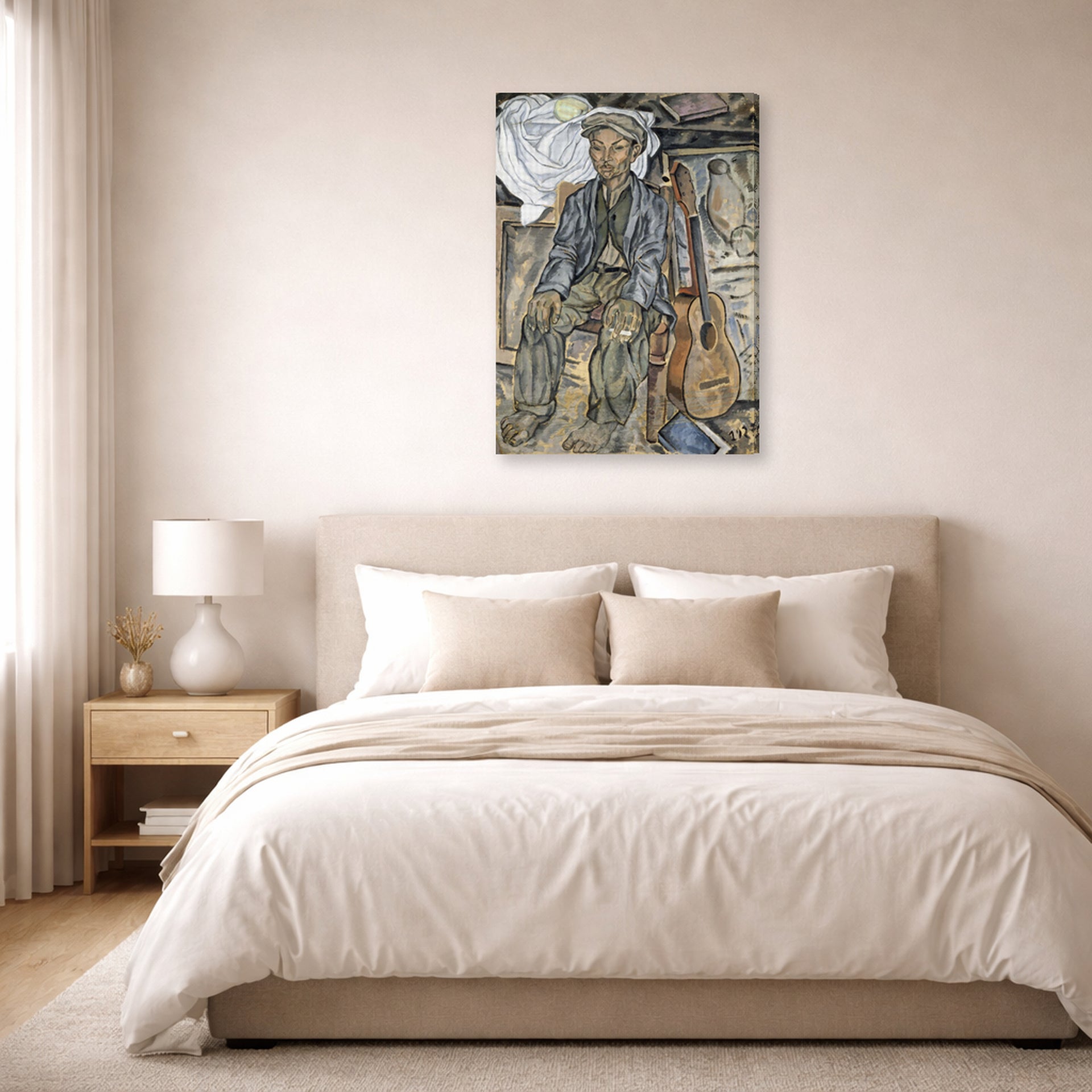 Gallery-wrapped canvas print of Salvador Dali's Gypsy From Figueres displayed on a wall in a bedroom