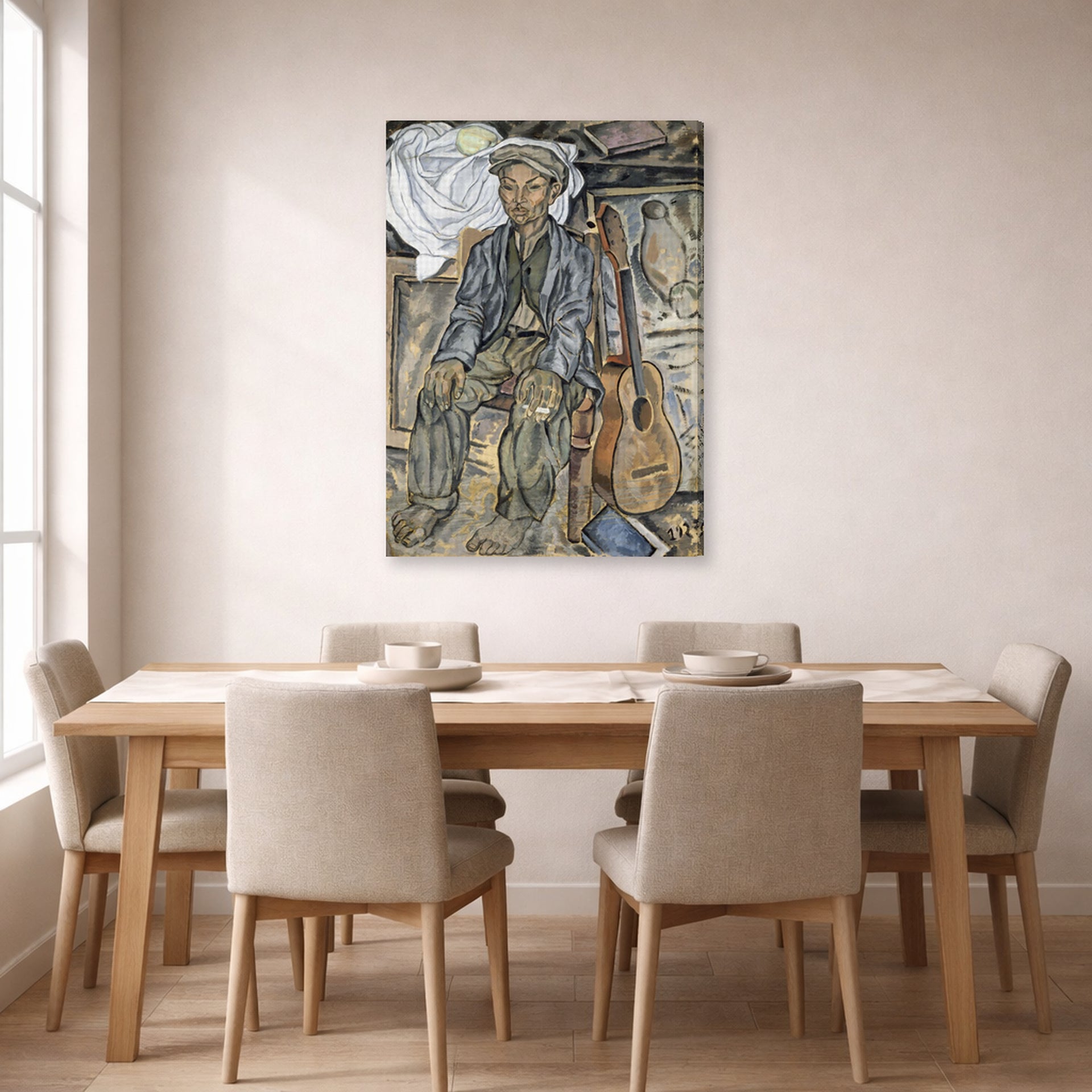 Gallery-wrapped canvas print of Salvador Dali's Gypsy From Figueres displayed on a wall in a dining room
