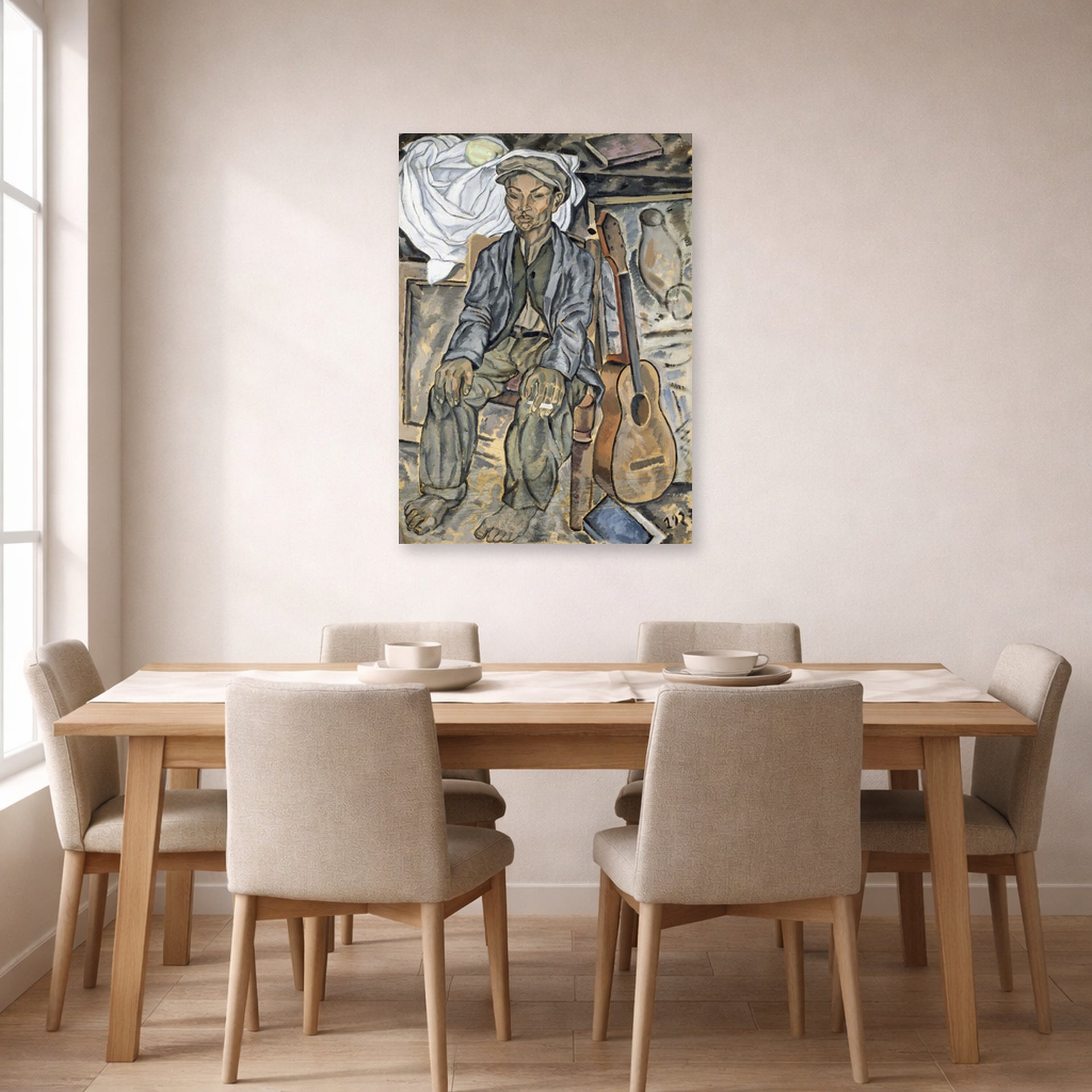 Unframed poster print of Salvador Dali's Gypsy From Figueres displayed on a wall in a dining room