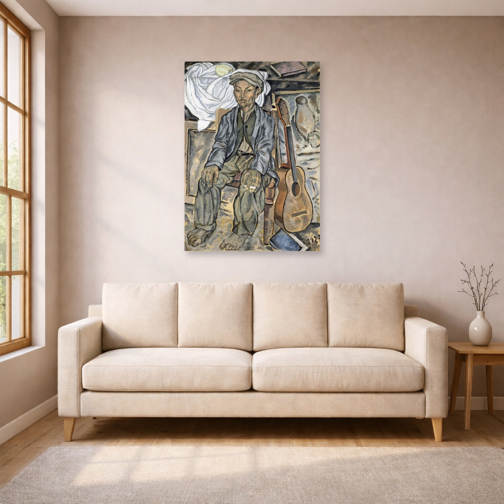 Unframed poster print of Salvador Dali's Gypsy From Figueres displayed on a wall in a living room