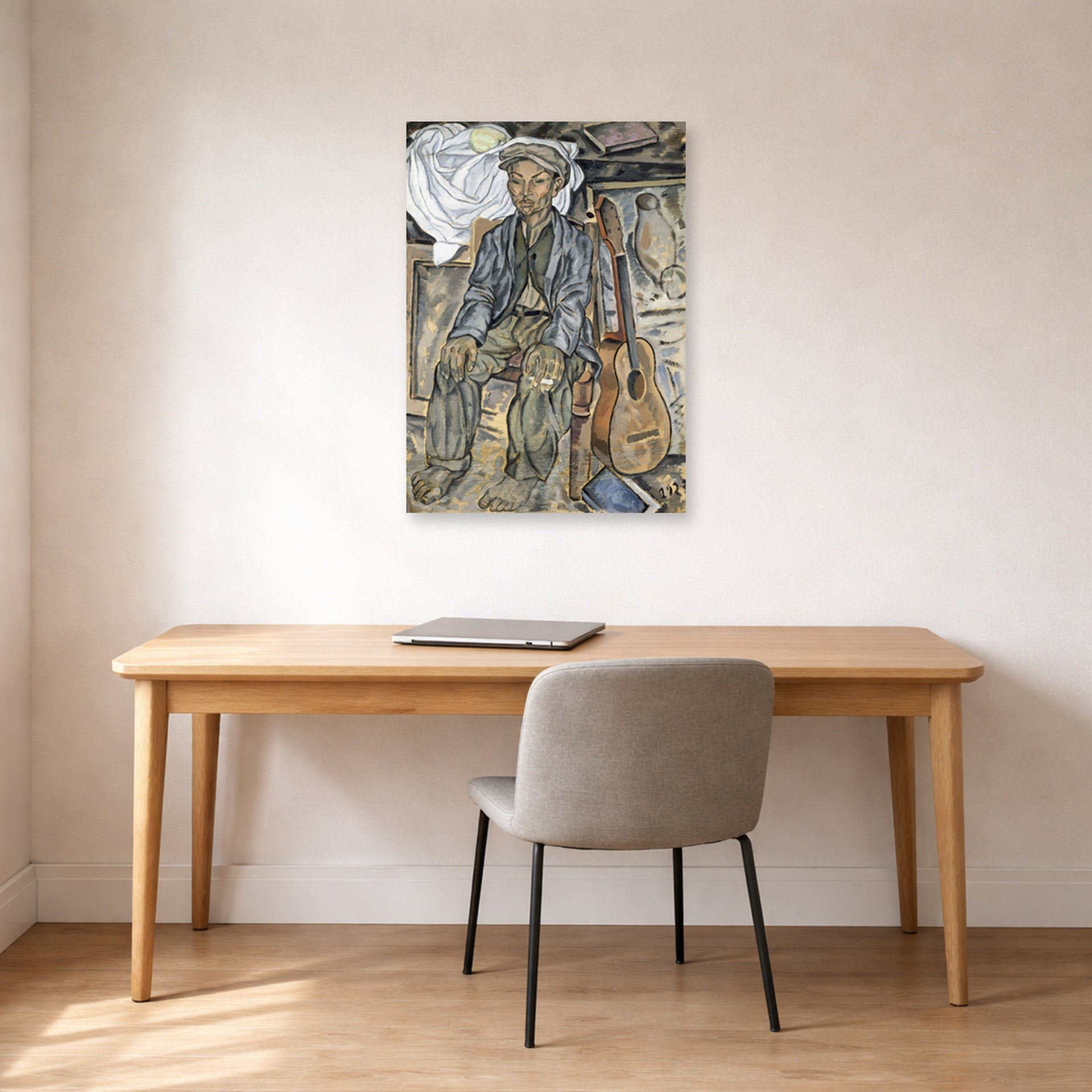 Unframed poster print of Salvador Dali's Gypsy From Figueres displayed on a wall in a office