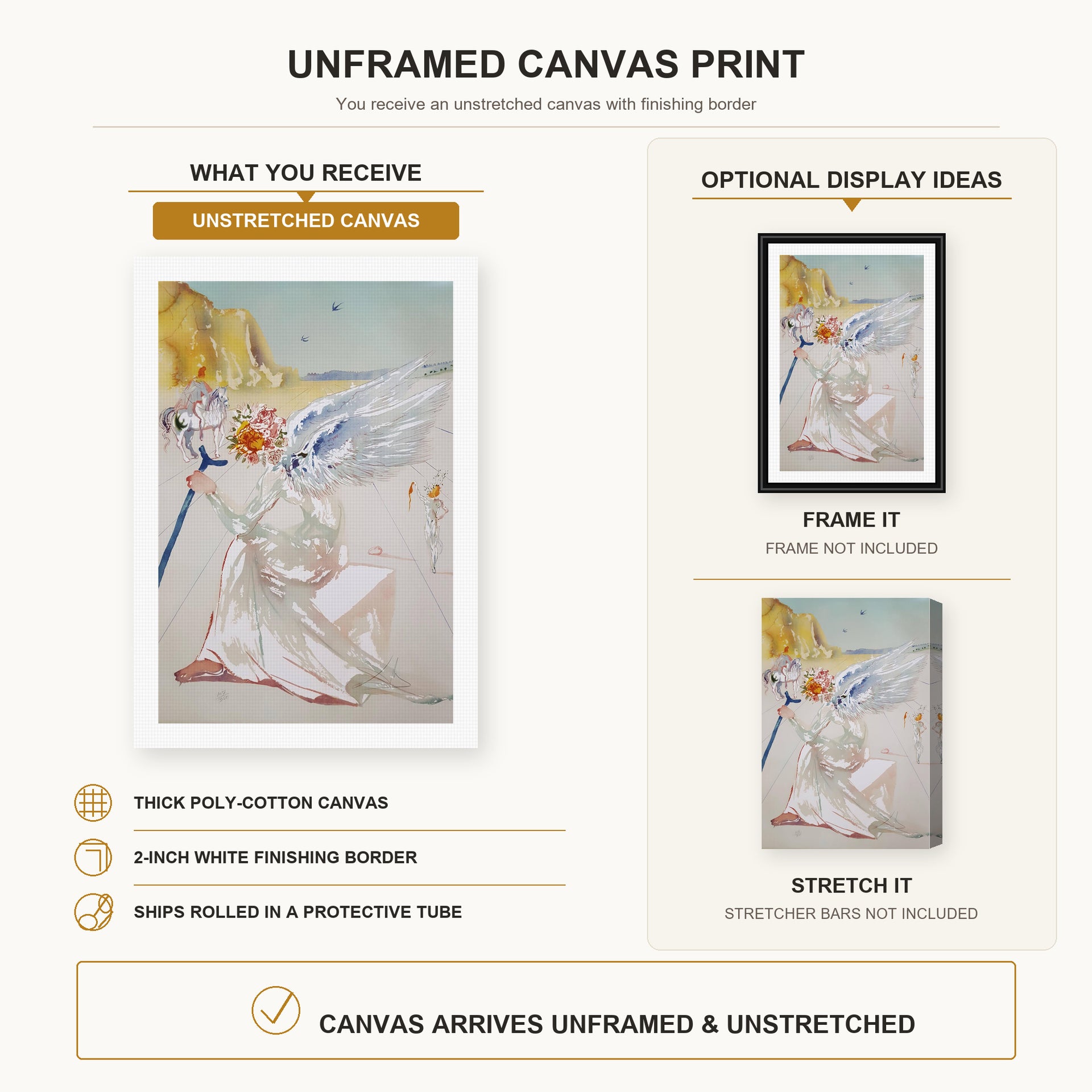 Salvador Dali - Helen of Troy Angel With Wand canvas print size comparison and framing display infographic
