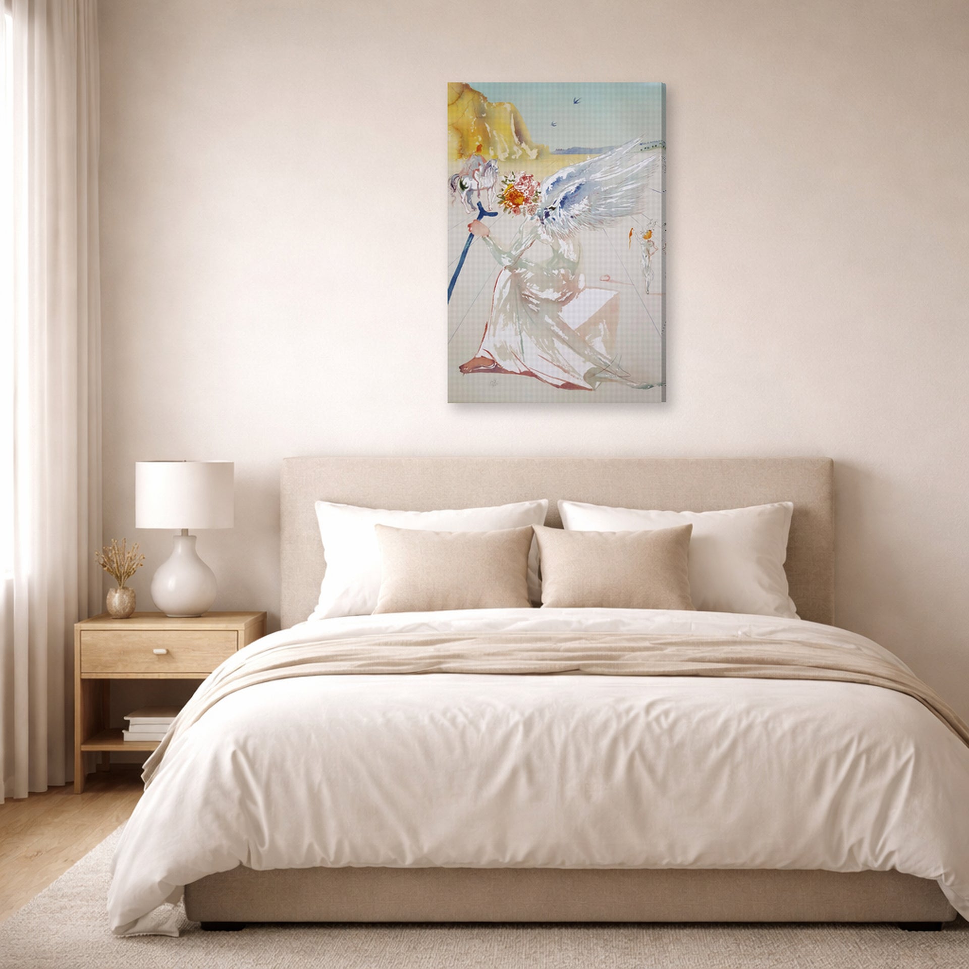 Gallery-wrapped canvas print of Salvador Dali's Helen of Troy Angel With Wand displayed on a wall in a bedroom