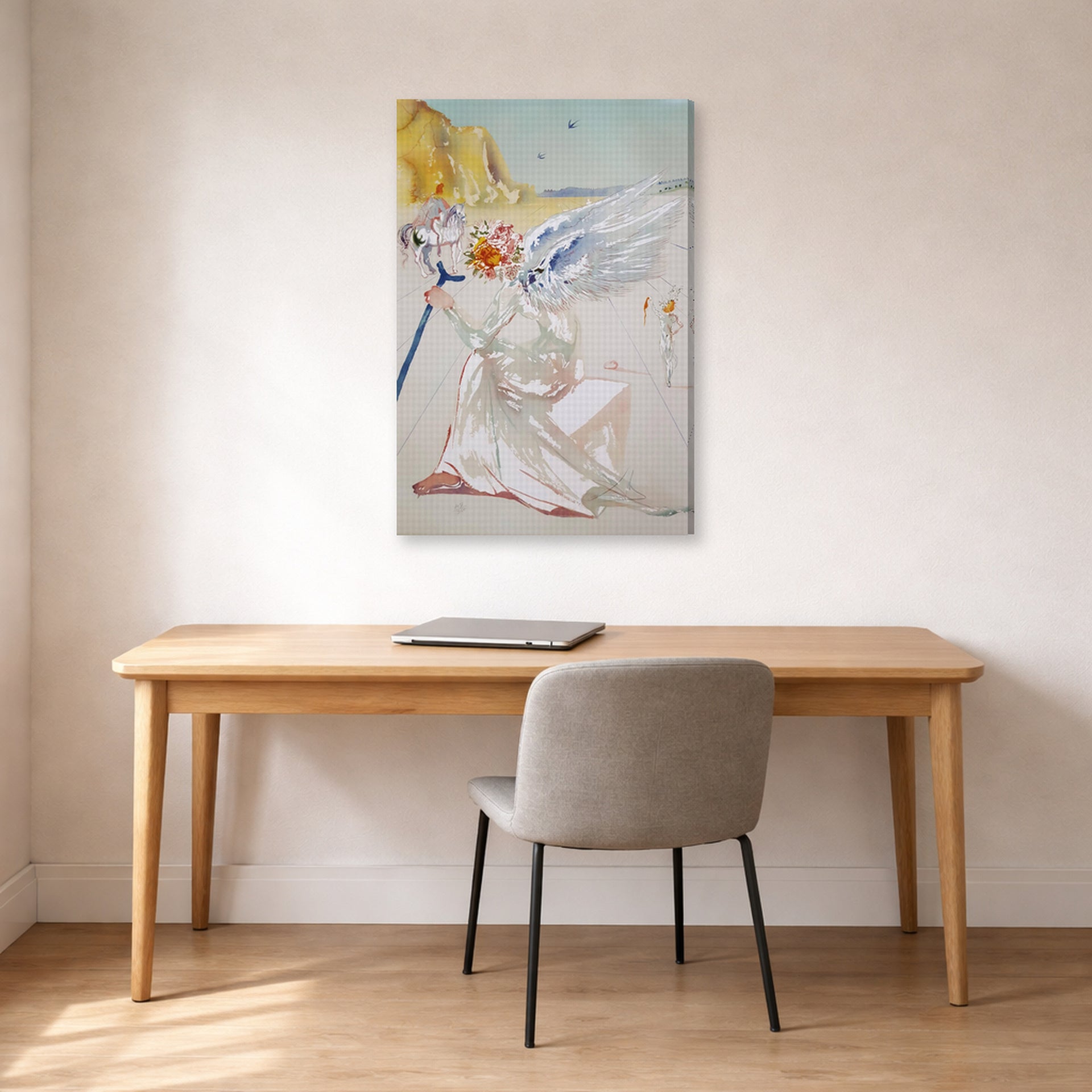 Gallery-wrapped canvas print of Salvador Dali's Helen of Troy Angel With Wand displayed on a wall in a office