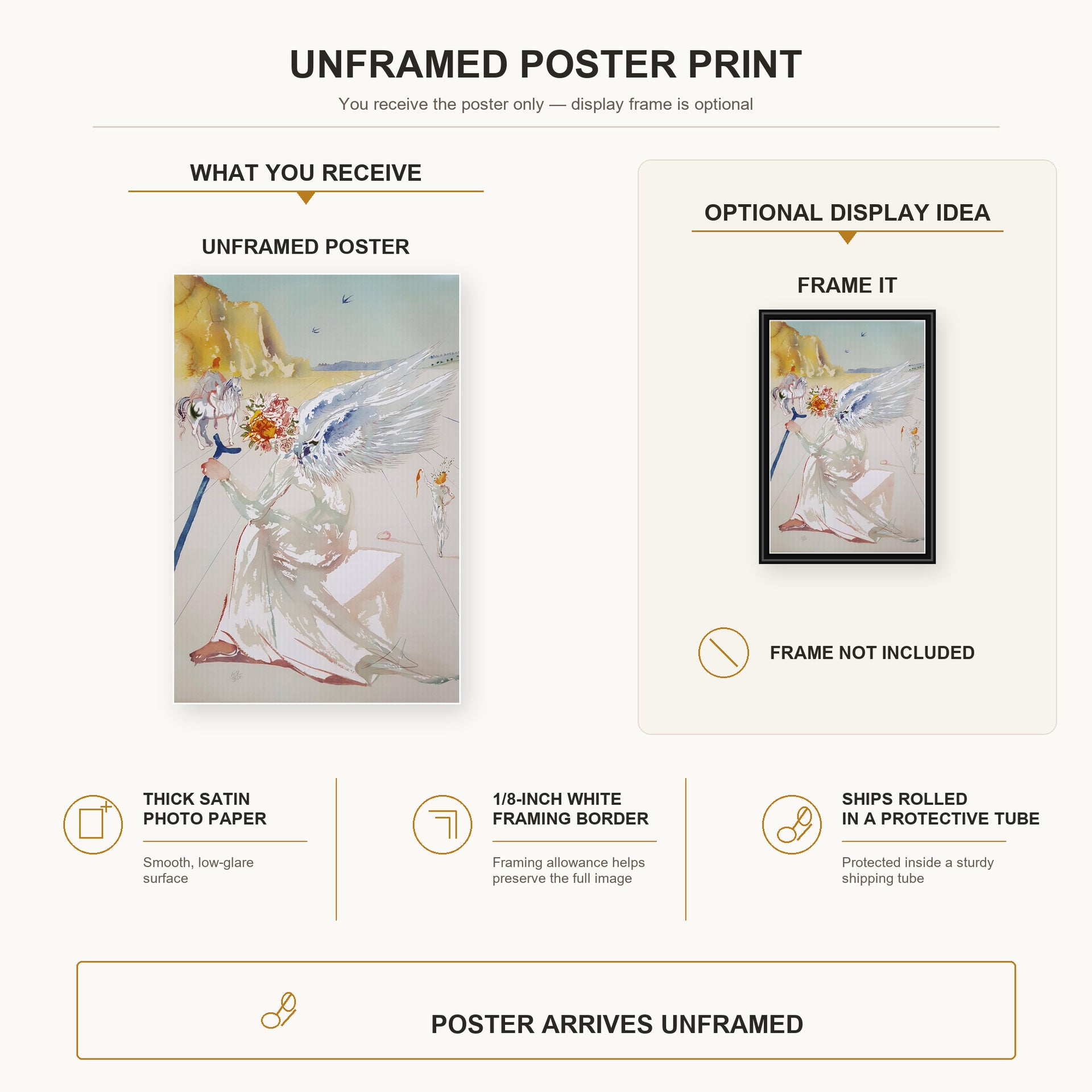 Salvador Dali - Helen of Troy Angel With Wand poster print size comparison and framing display infographic