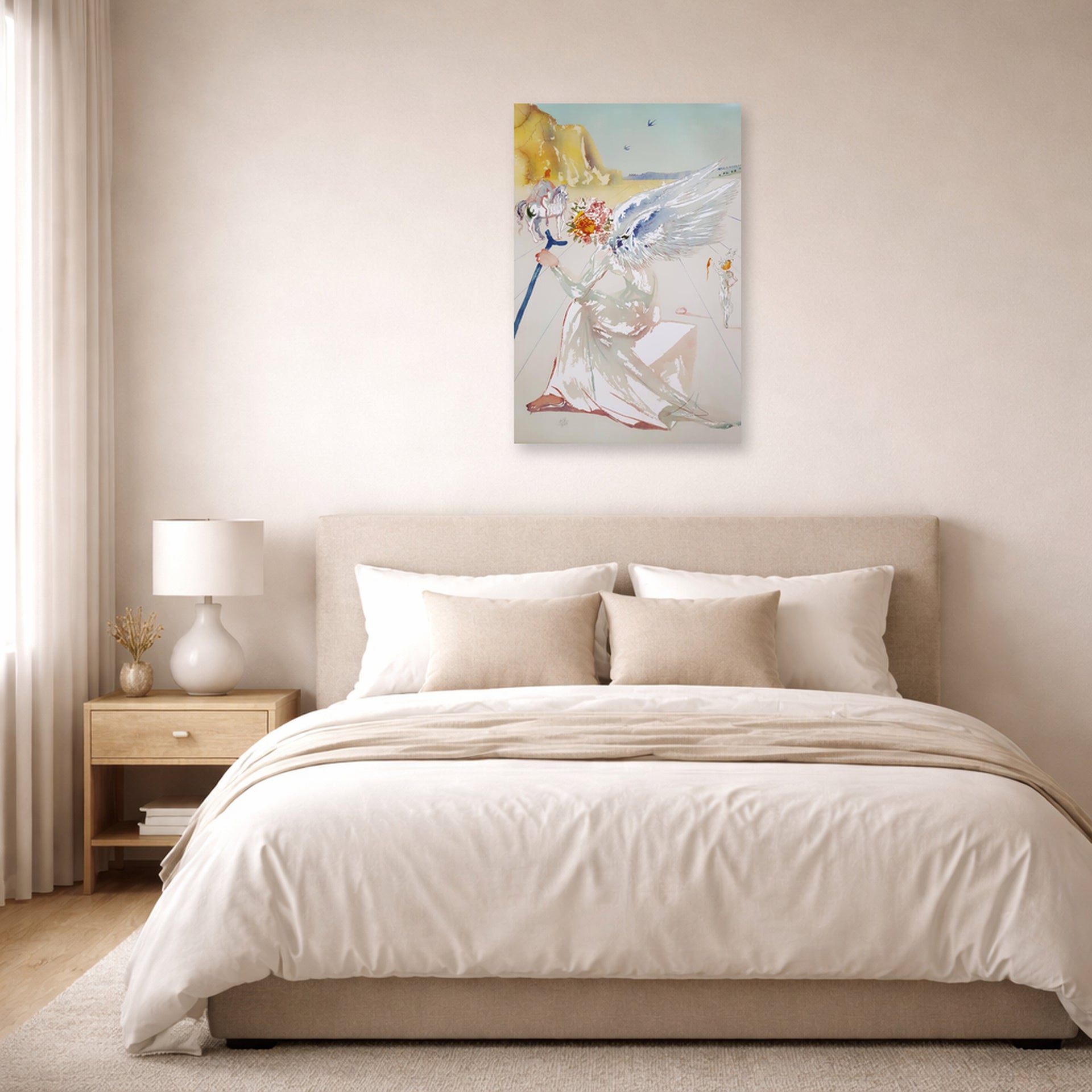 Unframed poster print of Salvador Dali's Helen of Troy Angel With Wand displayed on a wall in a bedroom