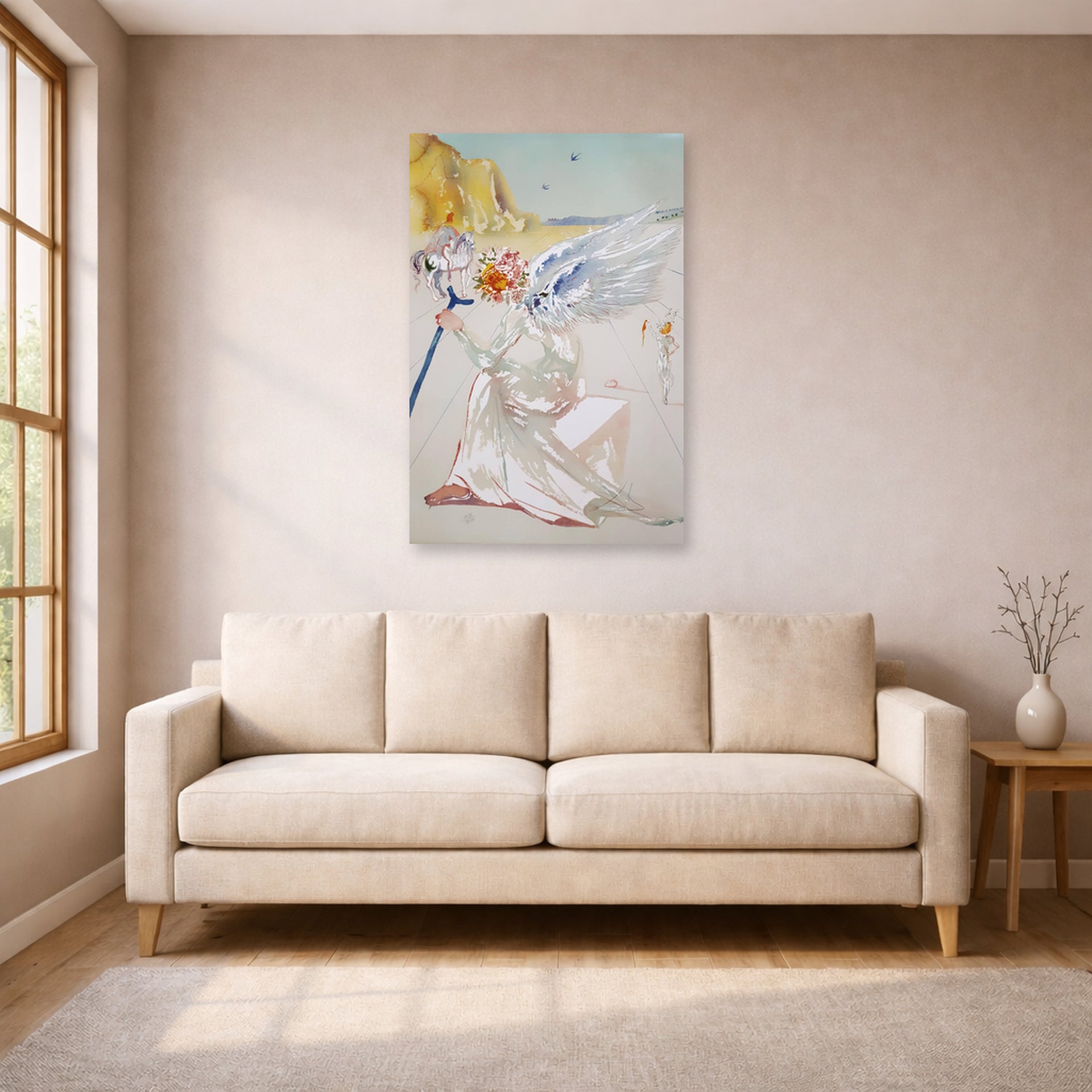 Unframed poster print of Salvador Dali's Helen of Troy Angel With Wand displayed on a wall in a living room