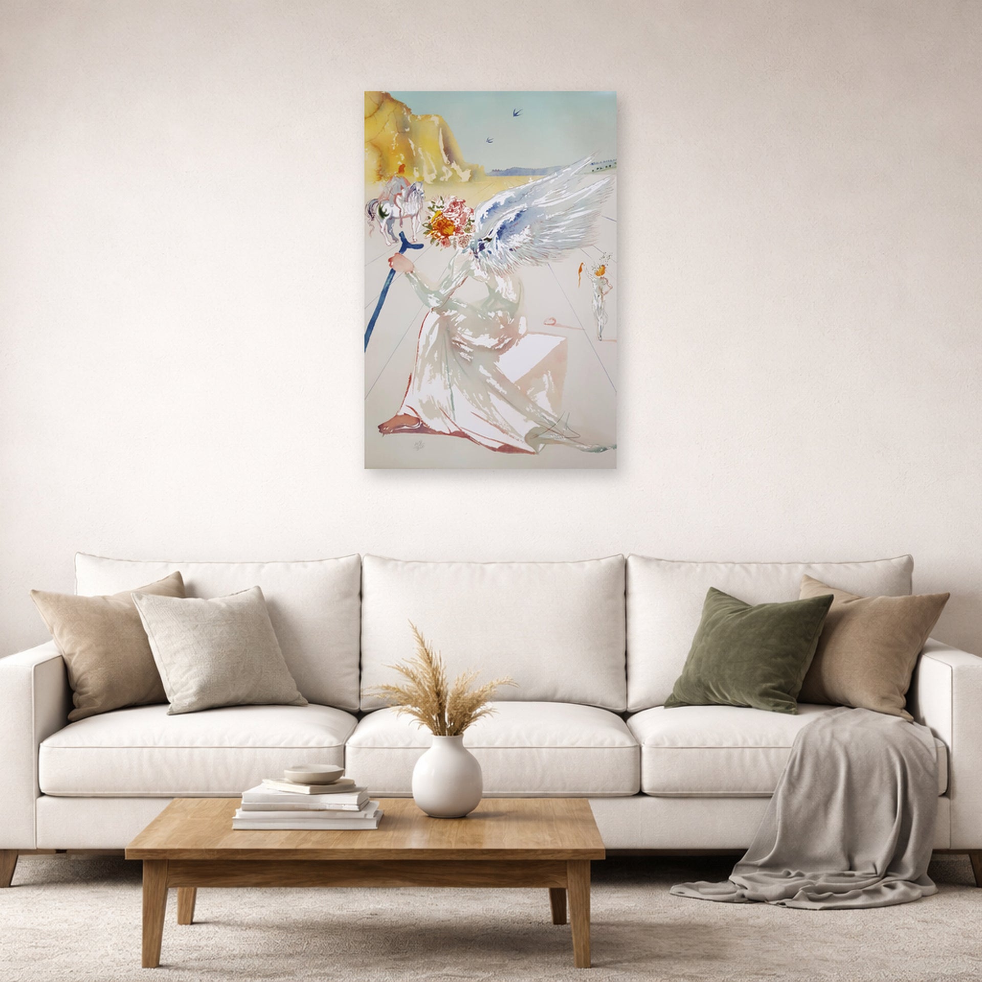 Unframed poster print of Salvador Dali's Helen of Troy Angel With Wand displayed on a wall in a living room