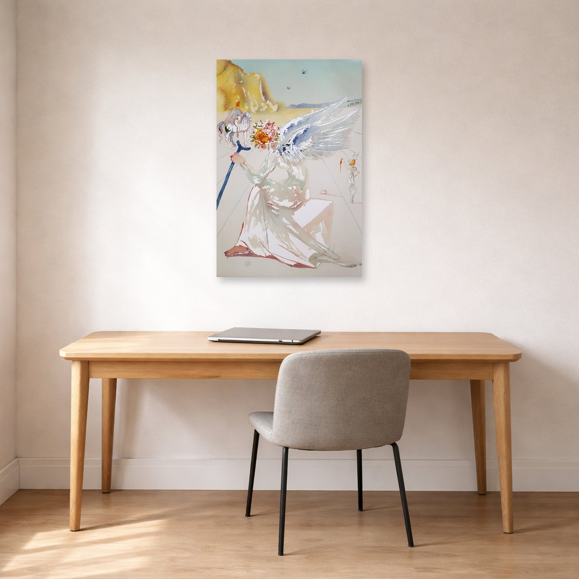 Unframed poster print of Salvador Dali's Helen of Troy Angel With Wand displayed on a wall in a office