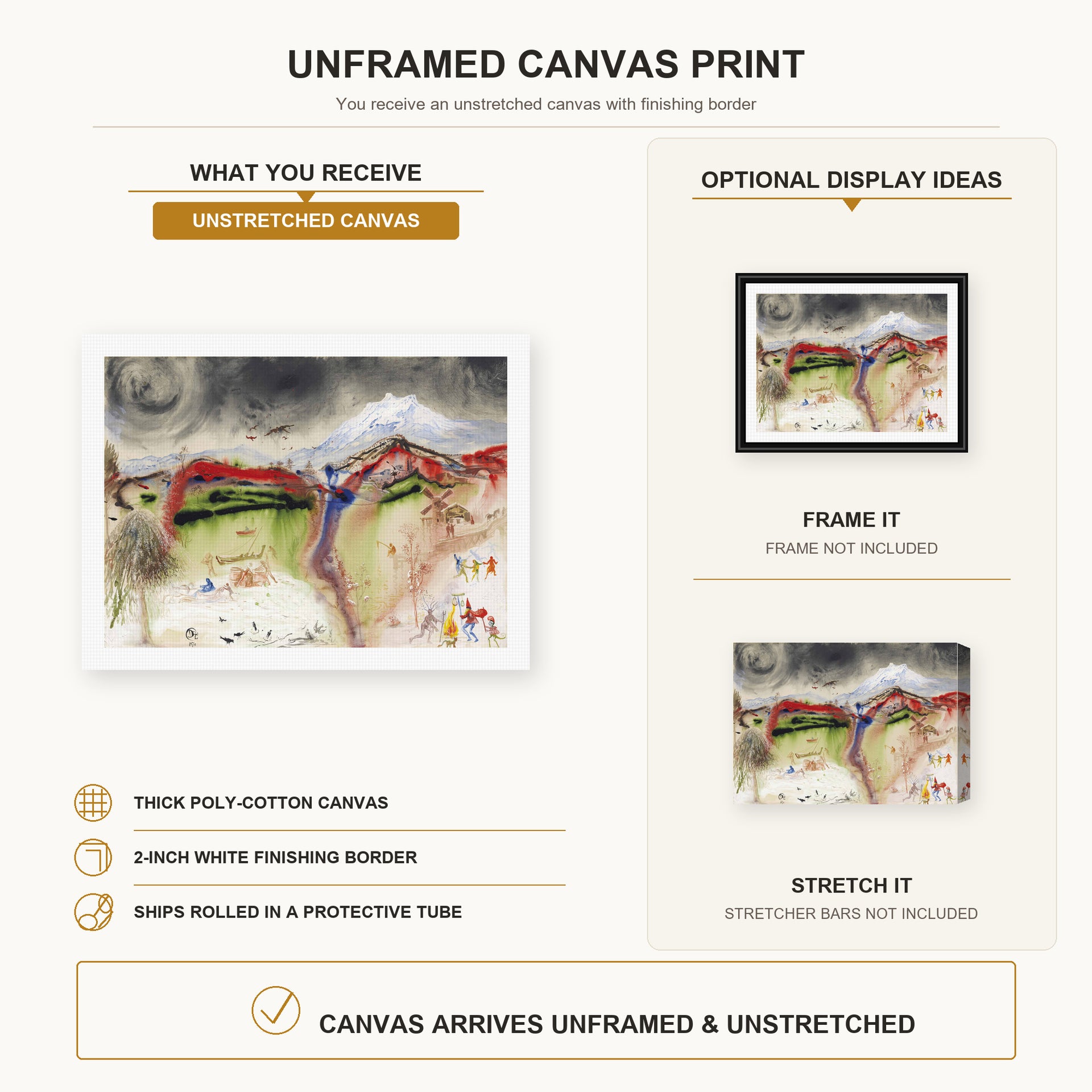 Salvador Dali - Hiver canvas print size comparison and framing display infographic