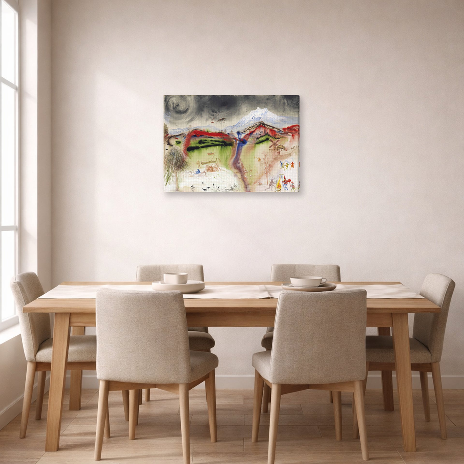 Gallery-wrapped canvas print of Salvador Dali's Hiver displayed on a wall in a dining room