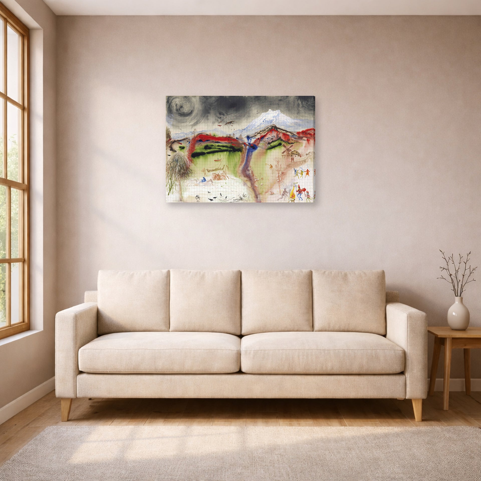 Gallery-wrapped canvas print of Salvador Dali's Hiver displayed on a wall in a living room