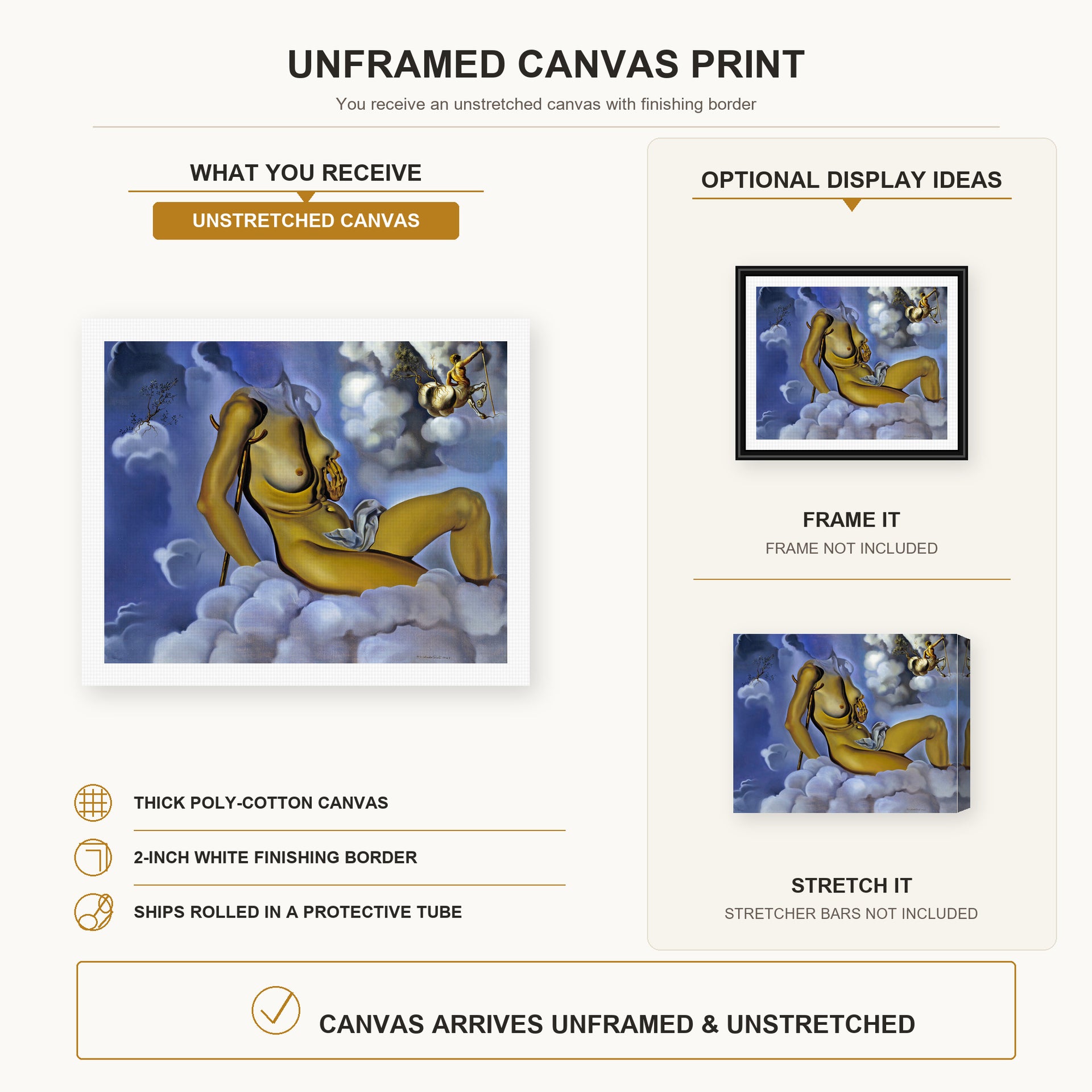 Salvador Dali - Honey is Sweeter then Blood canvas print size comparison and framing display infographic