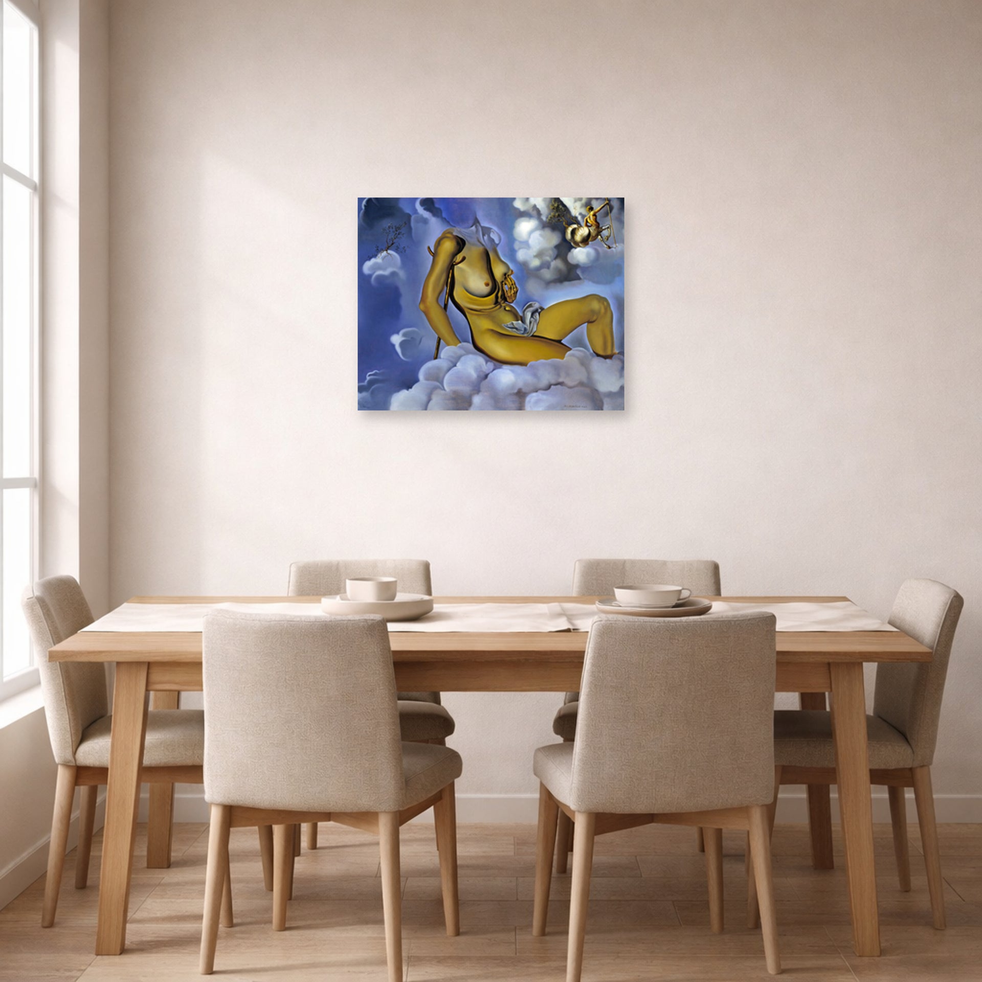 Unframed poster print of Salvador Dali's Honey is Sweeter then Blood displayed on a wall in a dining room