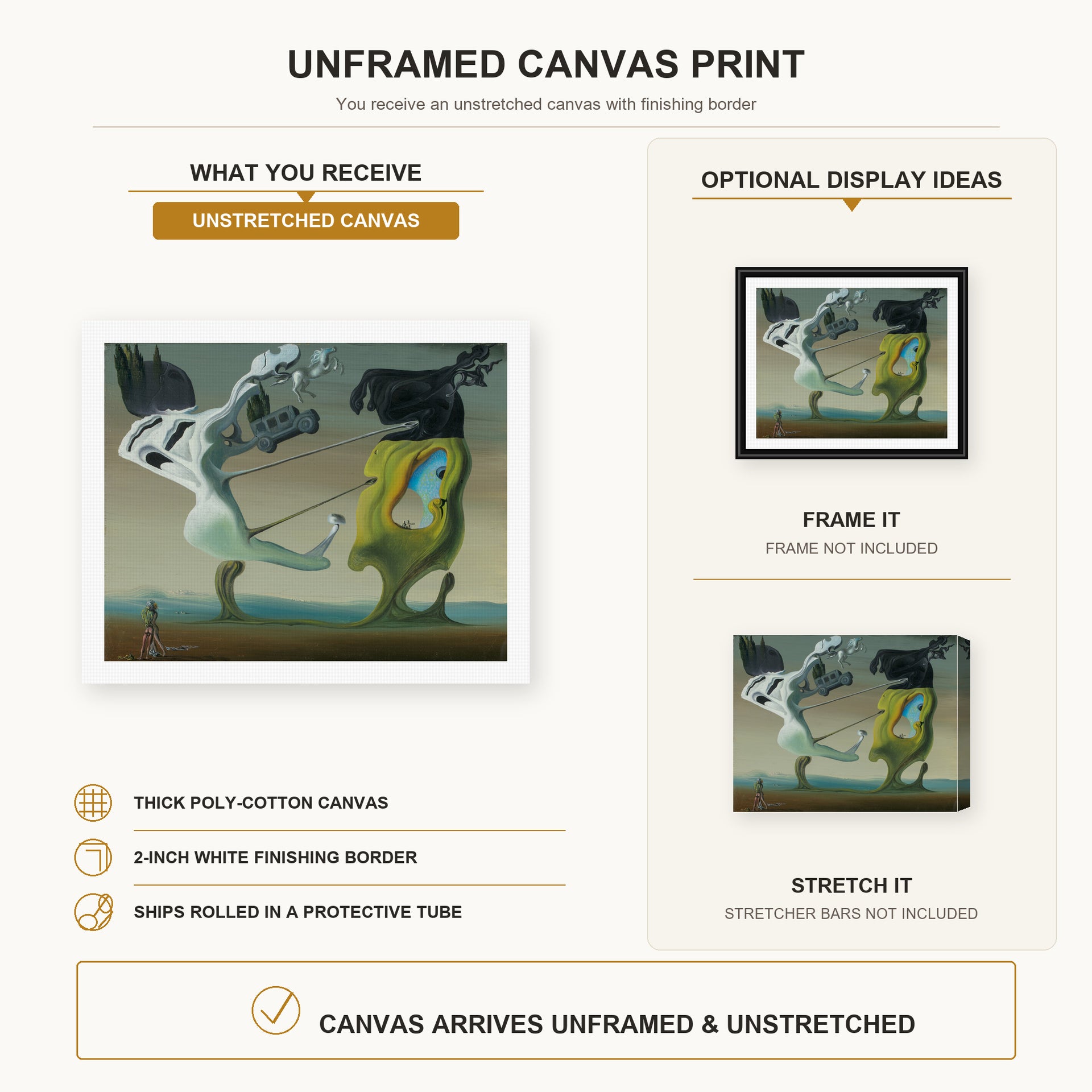 Salvador Dali - House for Erotomaniac canvas print size comparison and framing display infographic