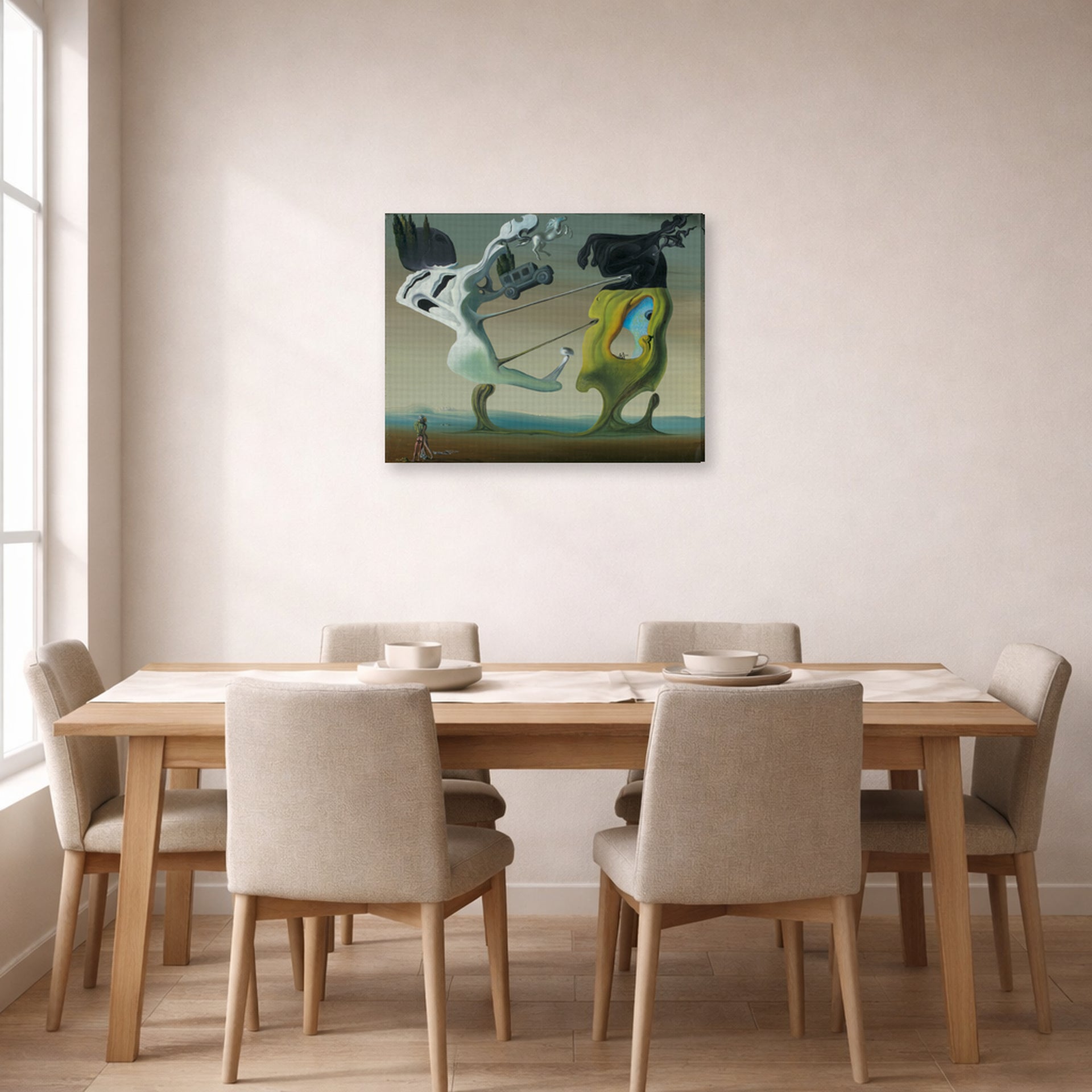 Gallery-wrapped canvas print of Salvador Dali's House for Erotomaniac displayed on a wall in a dining room