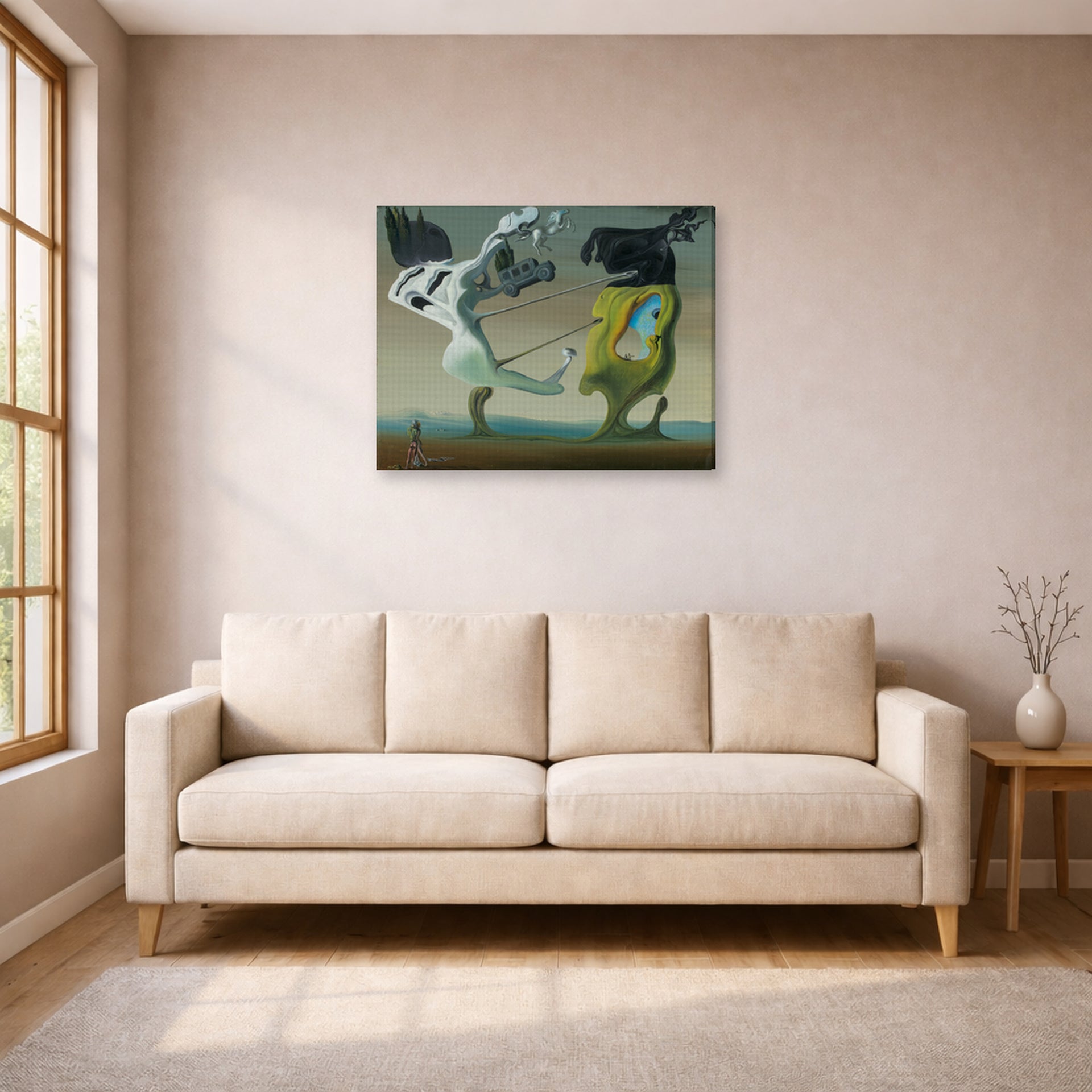 Gallery-wrapped canvas print of Salvador Dali's House for Erotomaniac displayed on a wall in a living room