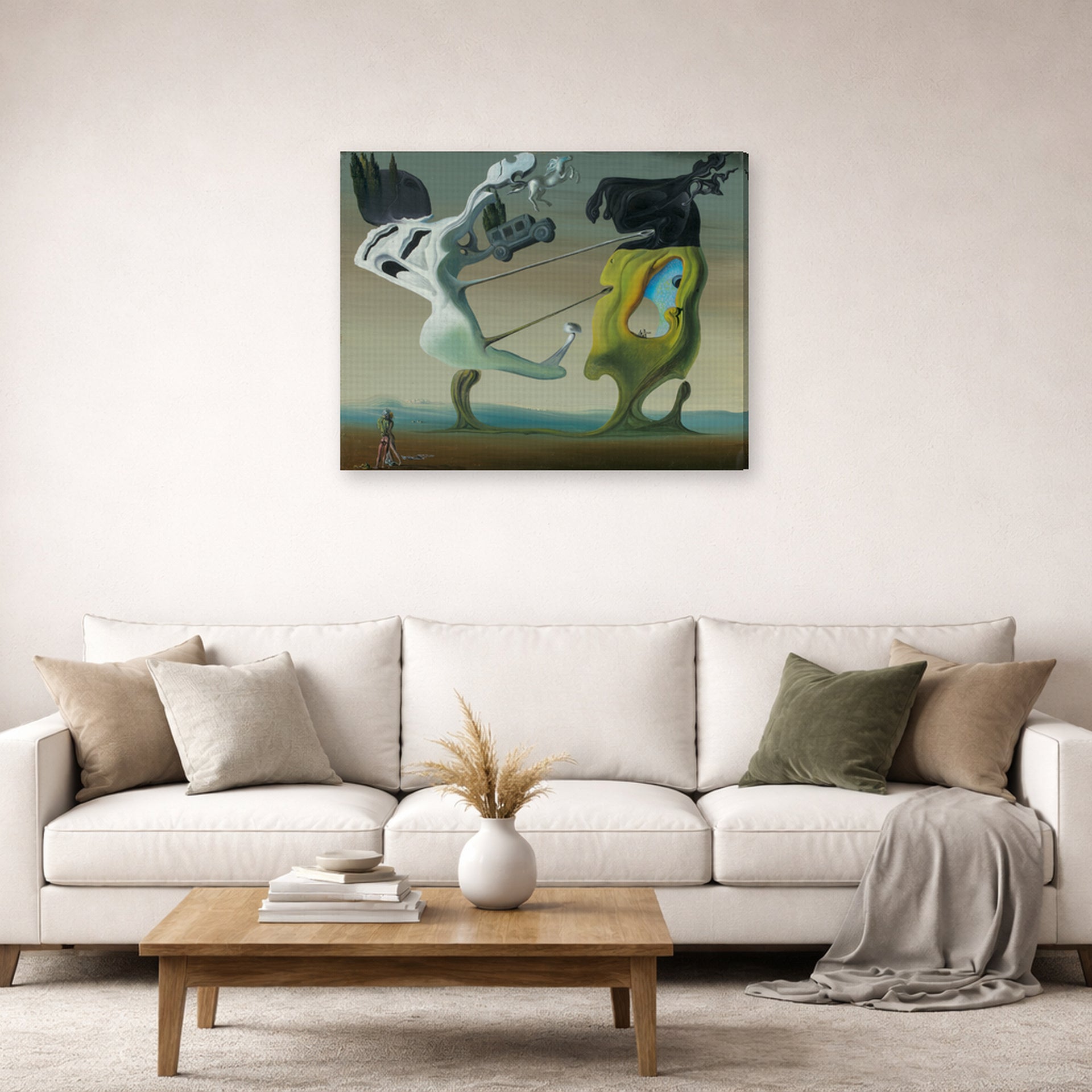 Gallery-wrapped canvas print of Salvador Dali's House for Erotomaniac displayed on a wall in a living room